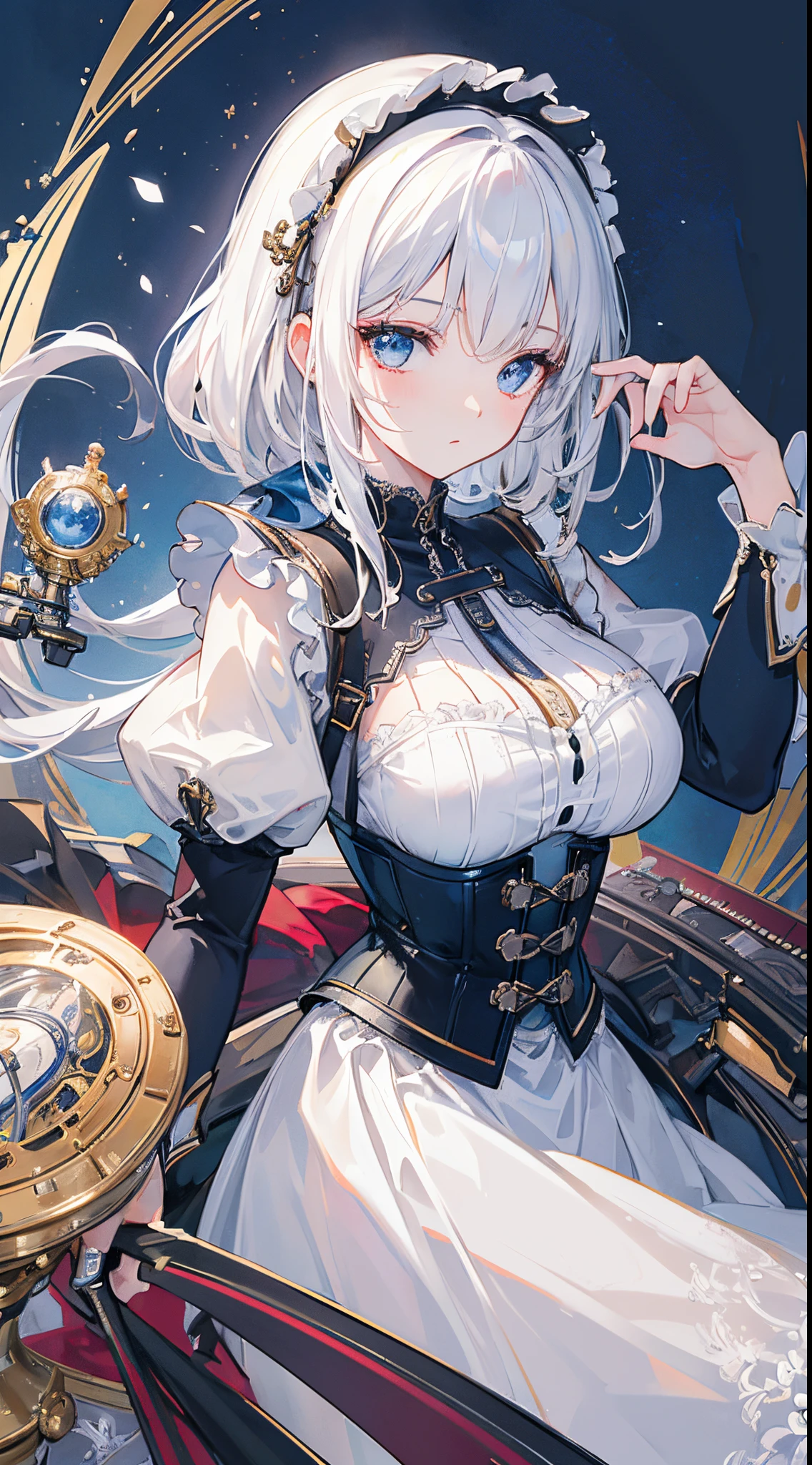 (((masterpiece)))、((top-quality))、(The ultra-detailliert)、(CG Illustration)、(a very beautiful woman))、Cinematic Light、((1 Mechanical Girl))、 (Beautiful and indulgent)()、Facing the front,white hair,Corset Belt,blue high waist skirt,Upper body portrait
