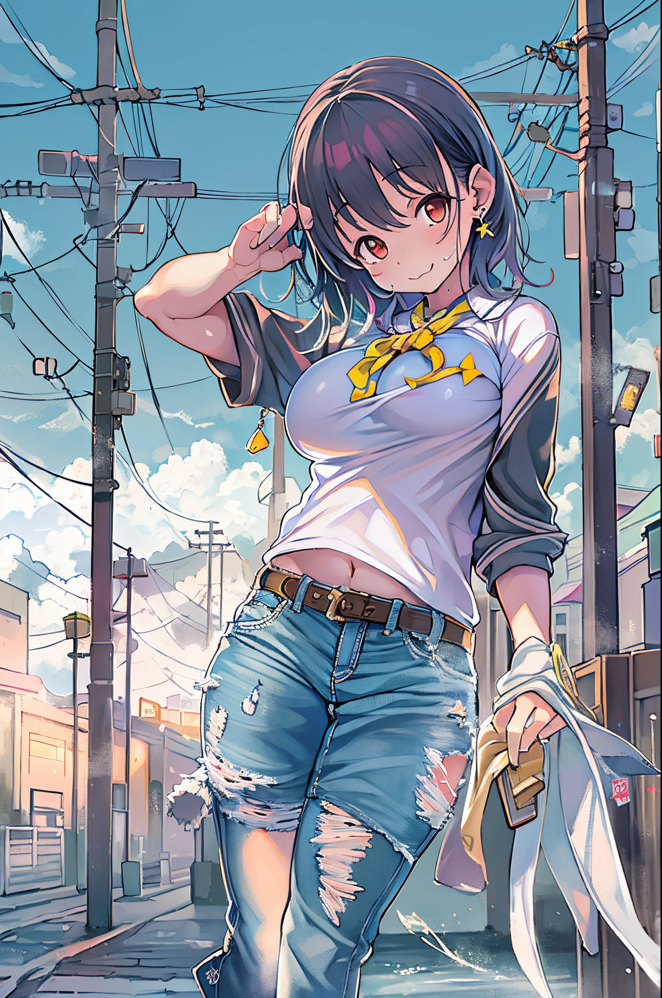 (masutepiece:1.4),(Best Quality:1.4),超A high resolution,((detailed facial features)),nffsw,8K resolution,1girl in,Blue sky, / :3,(shiny),Sadako,Street,Shirt,Earring,Short jeans,Large breasts, Wet skin,Shiny skin,, ,Socks on the thighs,Looking at Viewer,Skin Tight,Solo Focus,Naughty face,