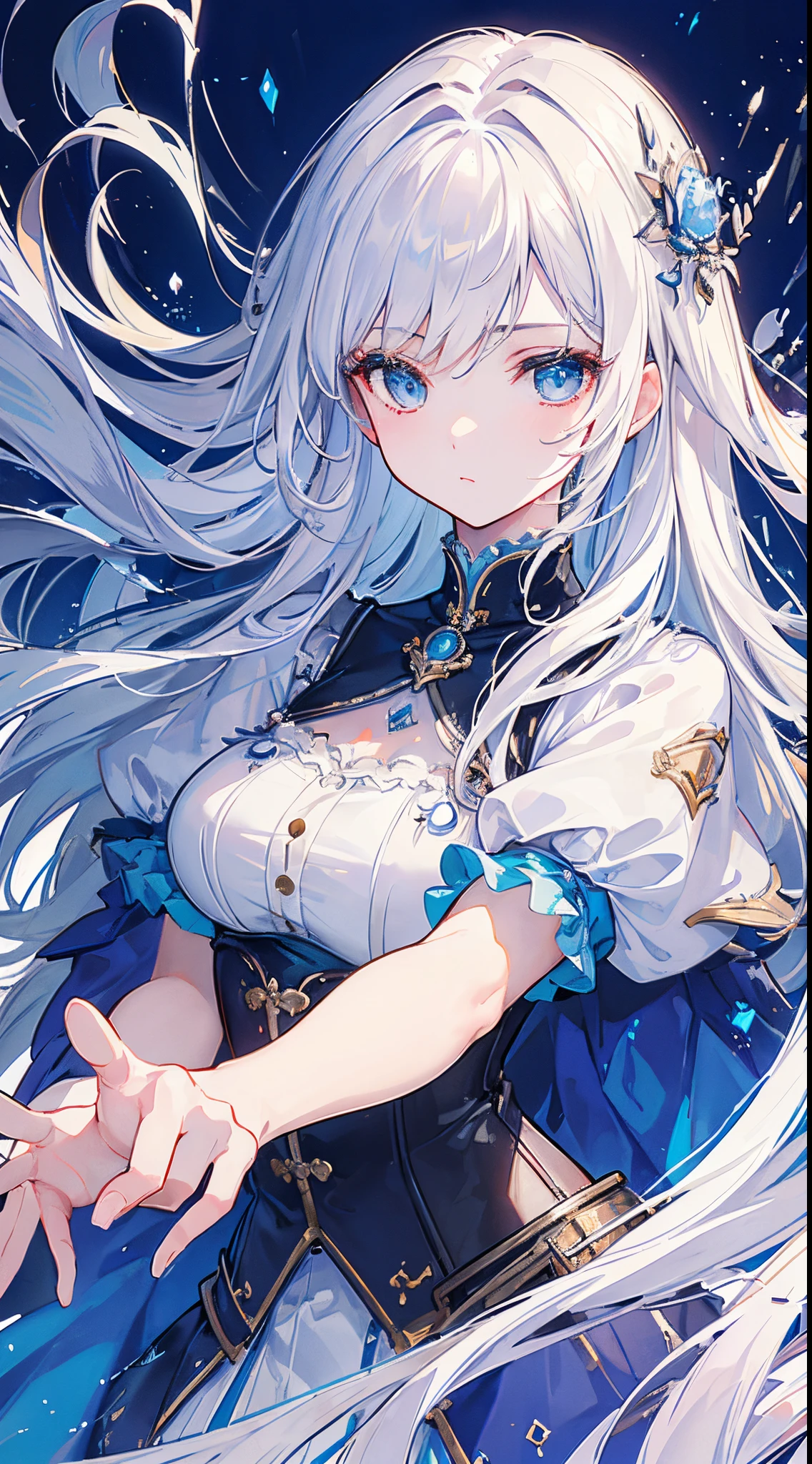 (((masterpiece)))、((top-quality))、(The ultra-detailliert)、(CG Illustration)、(a very beautiful woman))、Cinematic Light、((1 Mechanical Girl))、 (Beautiful and indulgent)()、Facing the front,white hair,Corset Belt,blue high waist skirt,Upper body portrait