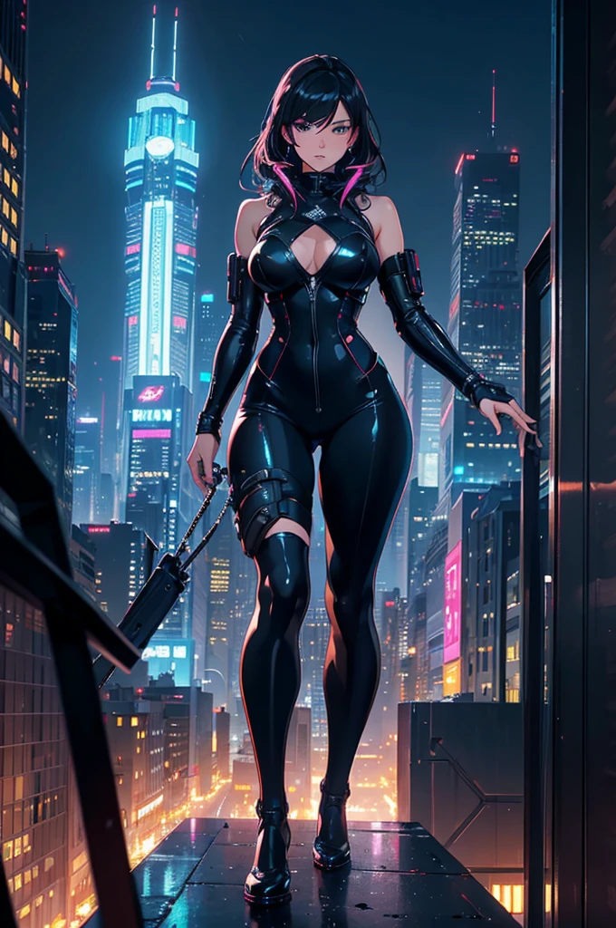 biker girl, motorcycle, Leather one-piece garment, Short hair, yellow glowing eyes, Dark colors, ultra detailed face, long eyelashes, skinny, Cyberpunk, Neon lights, Red hair, long boots, tightsuit, Night, the city street, mitts, rain