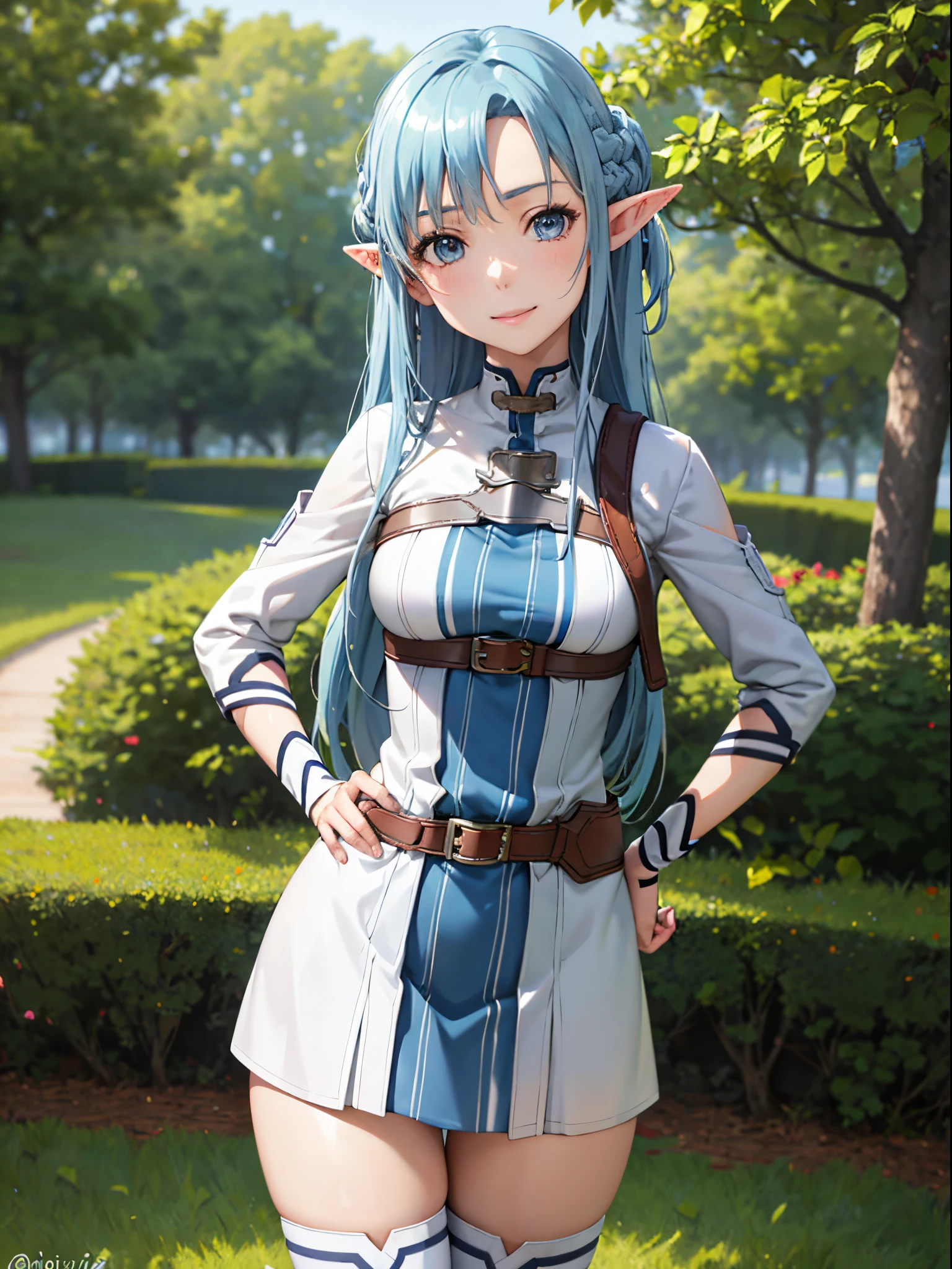 hight resolution, ​masterpiece、独奏、top-quality、realistic detail、1 girl in、crisp image、Asuna, masutepiece, Portrait, Hands on the hips、1girl in,elvish, Beautiful thighs、Light blue hair, Brown eyes, medium breasts, Long hair, braid, Kotovo,, White and blue uniform, White boots,, Looking at Viewer, Smile,Elves have ears too