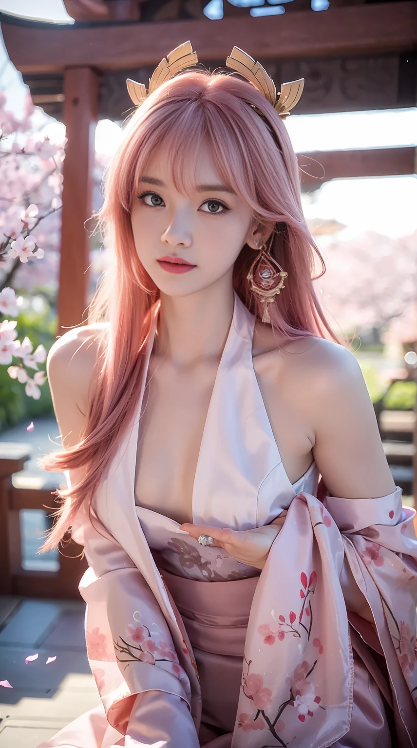 (8k, RAW photo, best quality, masterpiece:1.2),(realistic, photorealistic:1.37),realistic,live-action,photo,people,gravure photo,realistic skin,realistic face,live-action face,1 girl,(ulzzang-6500:0.7), KPOP idol, yae miko, single sleeve, bare shoulders, pink hair, long hair, kimono, top quality, (drawings: 1.5) , (Hair accessories: 1.35), jewelry, purple eyes, earrings, chest, torii, cherry blossoms, lamp light, depth of field, face detail, face focus, ribbon, ribbon buttocks bon_trim (view: 1.25), non-traditional priestess, shiny skin, long sleeves, smile, thick lips, game cg, hands on lips, East Asian architecture, (blurred background: 1.2), sitting, upper body,