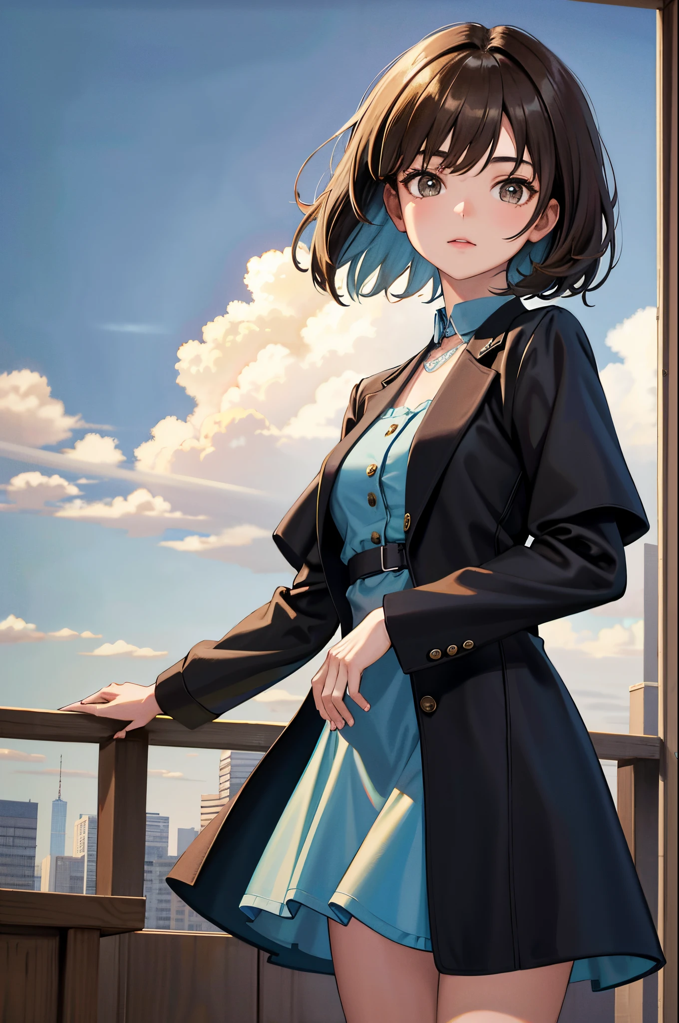 STU48 Kai Kokoai, Very Short Hair, Dark Brown Hair, (Masterpiece, Best Quality: 1.4), Cowboy Shot, Watch Viewer, Daylight, Cloudy Sky,