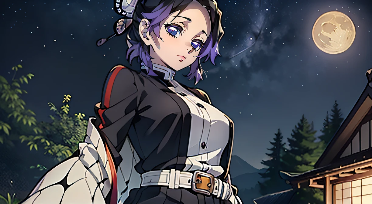 Masterpiece, Best Quality, Japanese House, samurai house, Very clear image, hight resolution, Erotica, 1girl, ssmile, Smiling, Very beautiful face, Erotica, Kocho Shinobi, Master Parts, beste-Qualit, supreme, 1girll, In the bamboo forest,There is a huge bright moon in the background, Kochou Shinobu, large butterfly clip in hair, butterfly hair jewelry, violet eyes, multi-colored hair, Short hair, Separate lane, haori, haori butterfly wings, White Japanese cloak, Longer sleeves, black pantsuit, black jacket, belt, Character looking at camera,Decorate your hair with a bow tie, violet eyes, multi-colored hair, Short hair, Parted bangs, Black pants, black jacket, long sleeves, belt, Cowboy shot, in the woods, Looking at the starry sky, Close your mouth, Night with countless stars, The ideal body of the Milky Way, The Perfect Girl, perfect details, Ultra HD |, 8K, Professional photo, Demon Slayer in anime style,