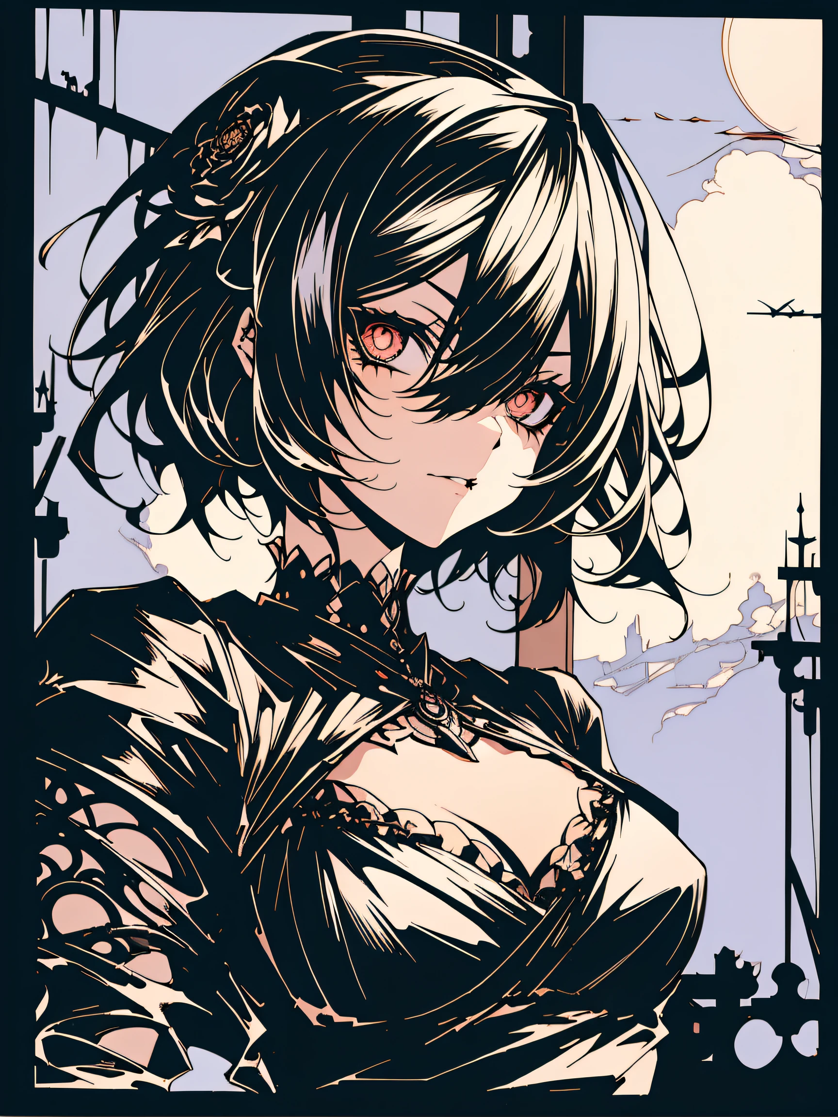 v5lcn style,(Best Quality,masutepiece:1.2),(Anime style,Comic Noir Style:1.1),1girl in,cute-style,Adorable,extremely detailed eye,extra detailed face,very detail hair,8K,resolution,gothic dress,Gothic punk