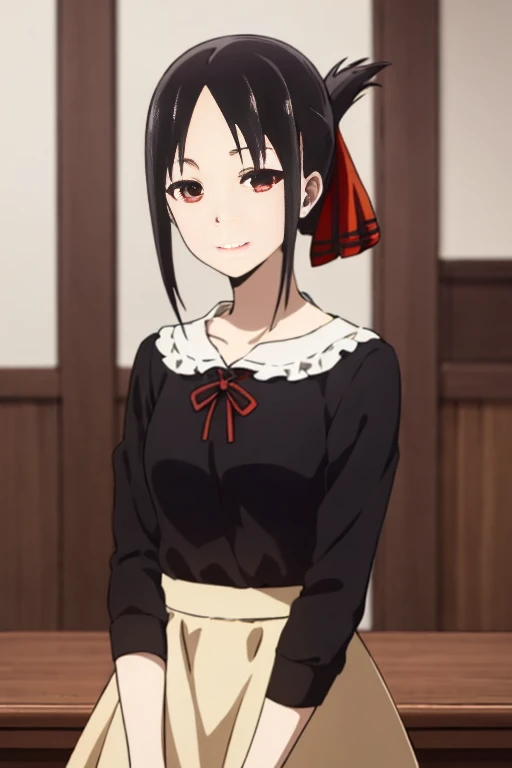 best quality, (masterpiece:1.2), detailed,
shinomiya kaguya,
1girl, solo, closed mouth, light smile,
black hair, red eyes, short hair, folded ponytail, hair ribbon, elegant clothes, red ribbon,
standing, looking at the viewer, medium breasts, ((upper body)),