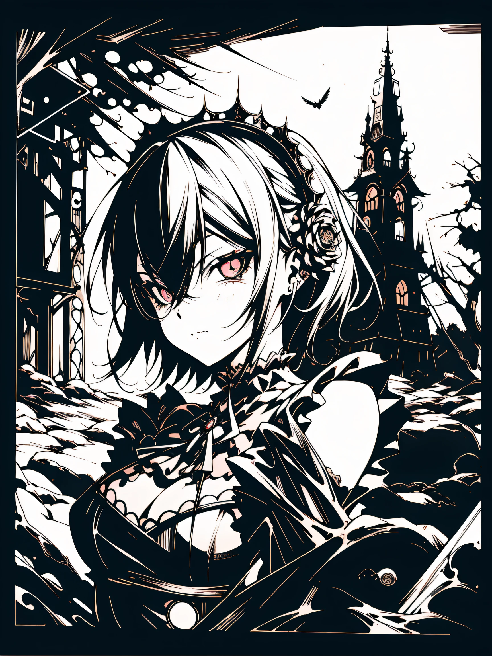 v5lcn style,(Best Quality,masutepiece:1.2),(Anime style,Comic Noir Style:1.1),1girl in,cute-style,Adorable,extremely detailed eye,extra detailed face,very detail hair,8K,resolution,gothic dress,Gothic punk