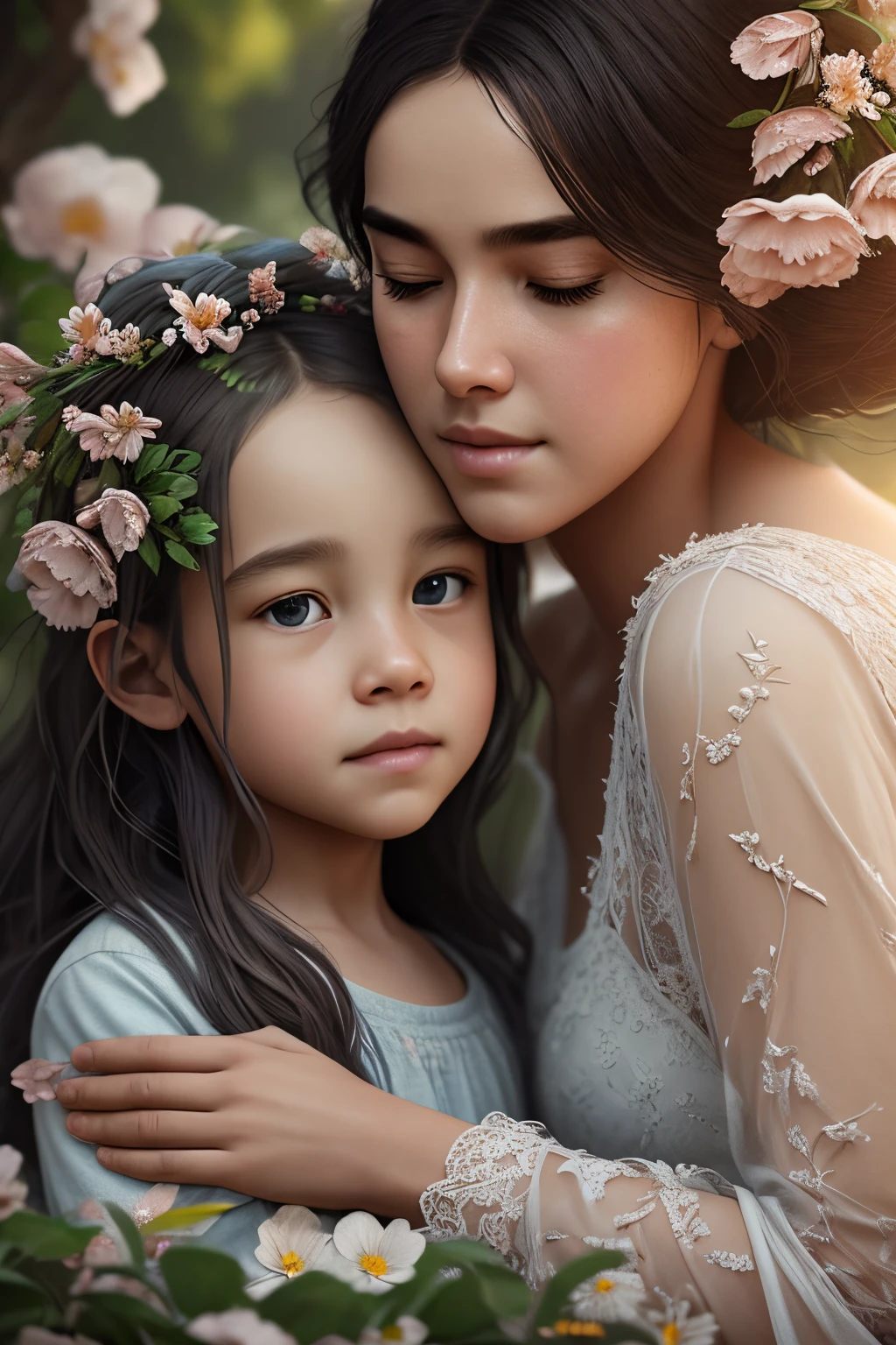 inspiration from nature and create a picture where a older mother and daughter, perfect eyes, are surrounded by blooming flowers and greenery, perfect composition, beautiful detailed intricate insanely detailed octane render trending on artstation, 8 k artistic photography, photorealistic concept art, soft natural volumetric cinematic perfect light, chiaroscuro, award - winning photograph, masterpiece