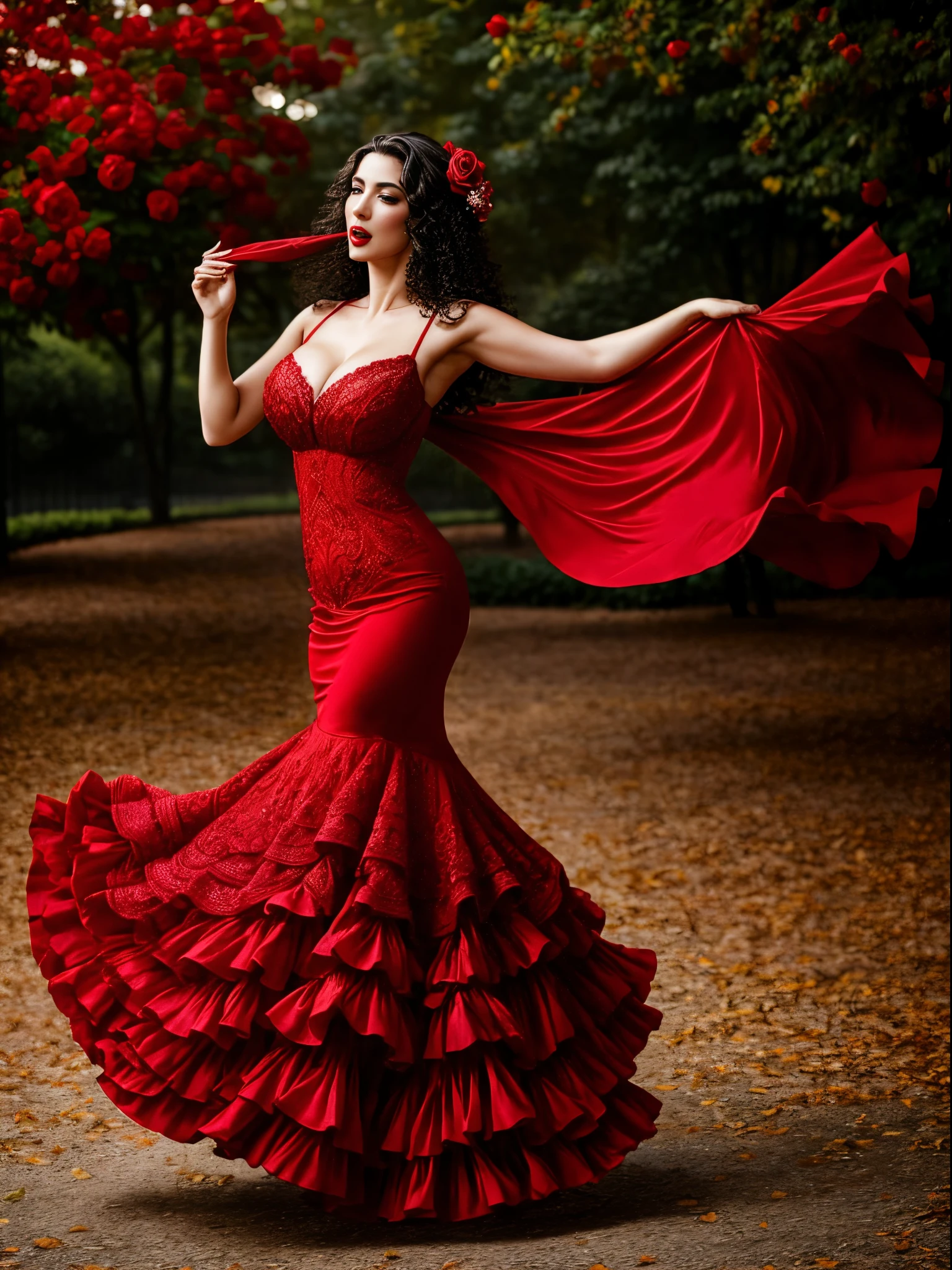 Spanish flamenco dancer, Red Silk satin dress, a red rose in her mouth, raven black hair, large breasts, very sexy, intricate detail, intricate skin, subtle freckles, intricate hair, bokeh, (atmosphere:1.2), (haze:1.3), sunny day, red high heels. dancing in the park, red roses,