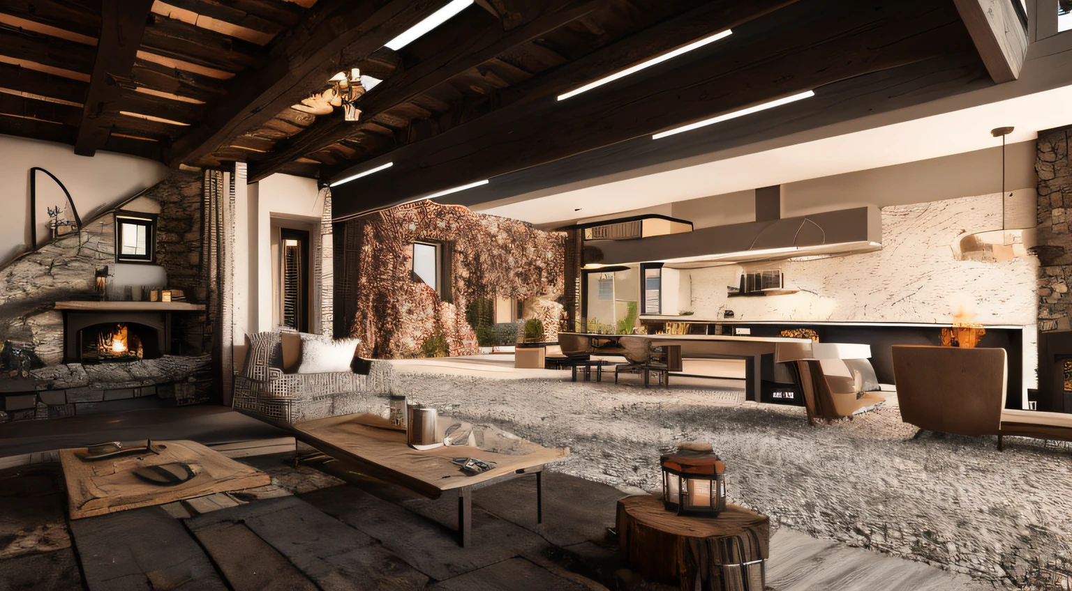 rustic,ink elements,Render the model,Detailed portrayal,Making tea around the stove