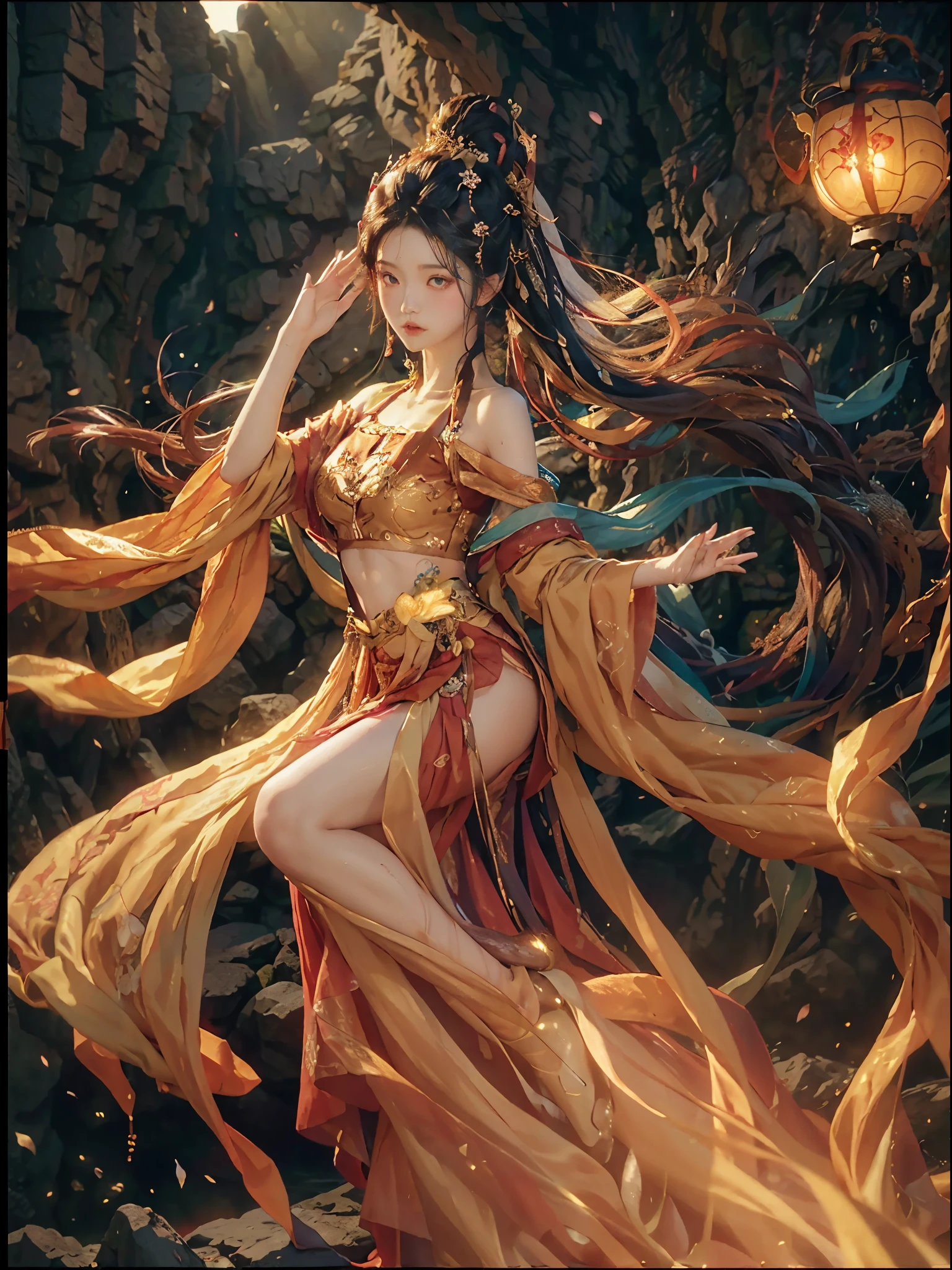 (masterpiece, best quality: 1,2), 1women, Xian mei, unique golden eyes, long red curly hair, jewelry, perfect anatomy, traditional belly dance dress, sexy, hot, beautiful background, belly dance, dancing, beautiful dance,