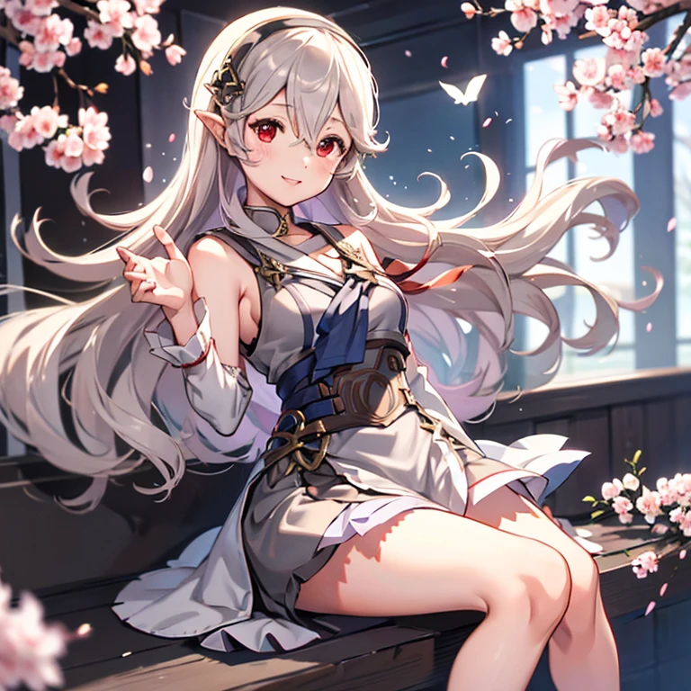 corrin FE、silber hair、red eyes、High School Sailor Uniform、School Uniforms、Red ribbons、thigh、cherry trees、a smile、wave her hand