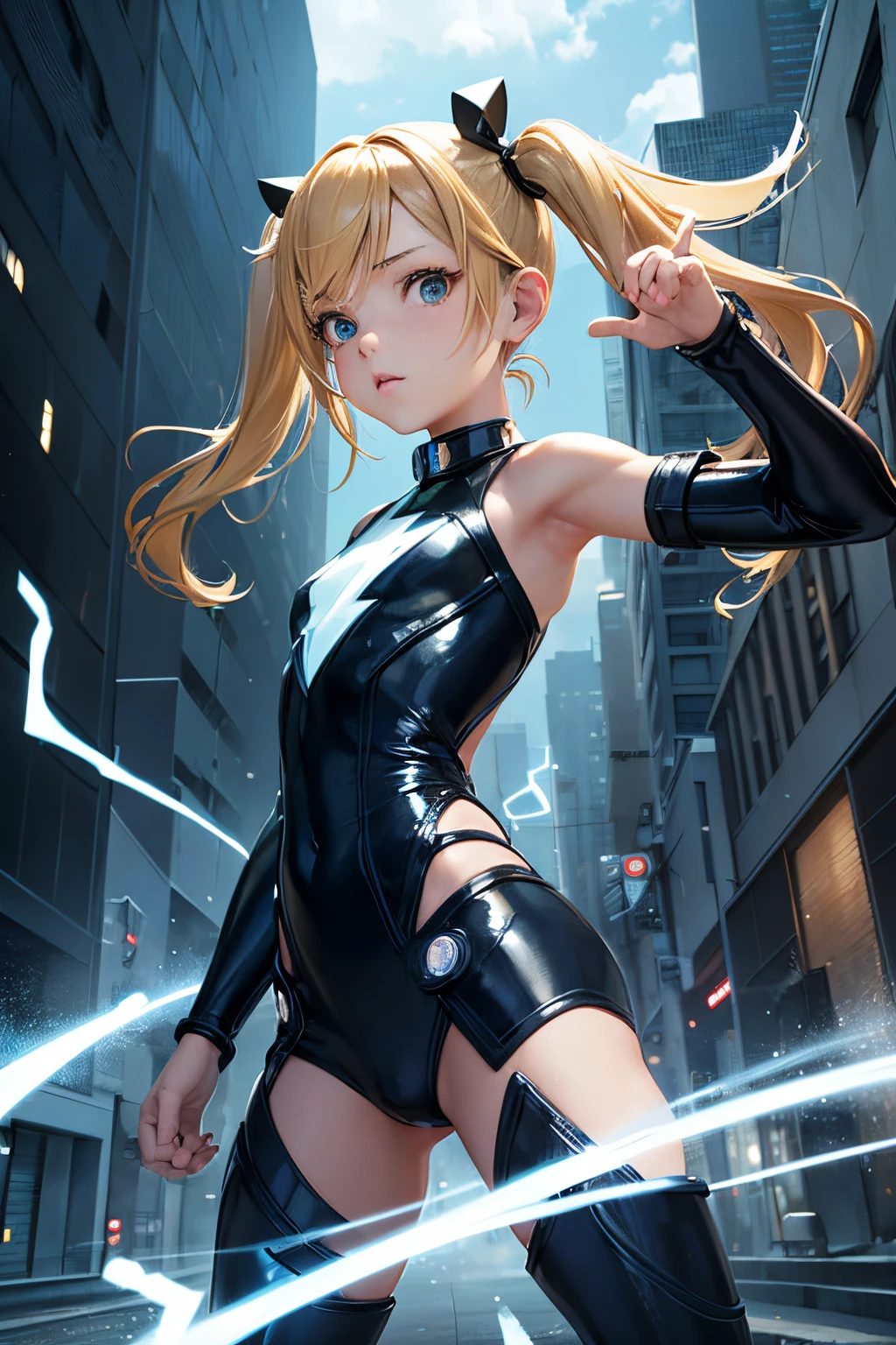 (17-year-old young man with soul body blue and black lightning particles released to surroundings), 3D Rendering, Movie special effects, Movie Lighting, ruin city, Clear HD, 8K resolution, Very detailed, Digital Painting, Concept art, Shinkai Makoto style, Pop prevalence trend, Pop, Pop Trends, Pixiv Pop Trends.,(((Petite girl with blonde twin tails))),(((kawaii pose))),