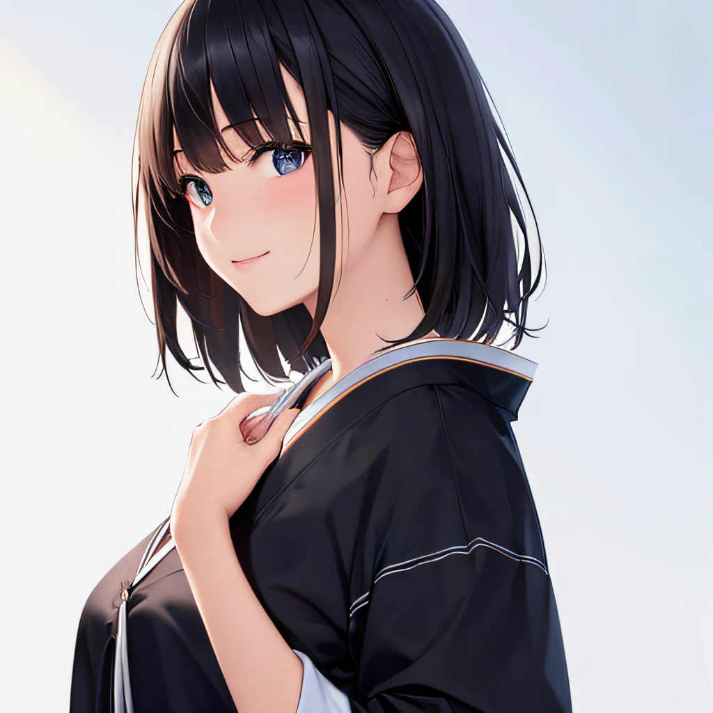 photographrealistic, (masutepiece,Best Quality:1.4),(8K,Raw photo,photographrealistic:1.2), Detailed skin,Detailed face,1girl in,Japanese Idol,Cute face, Black hair,slender, shiny eyes, Smile, BREAK (Side view:0.6)