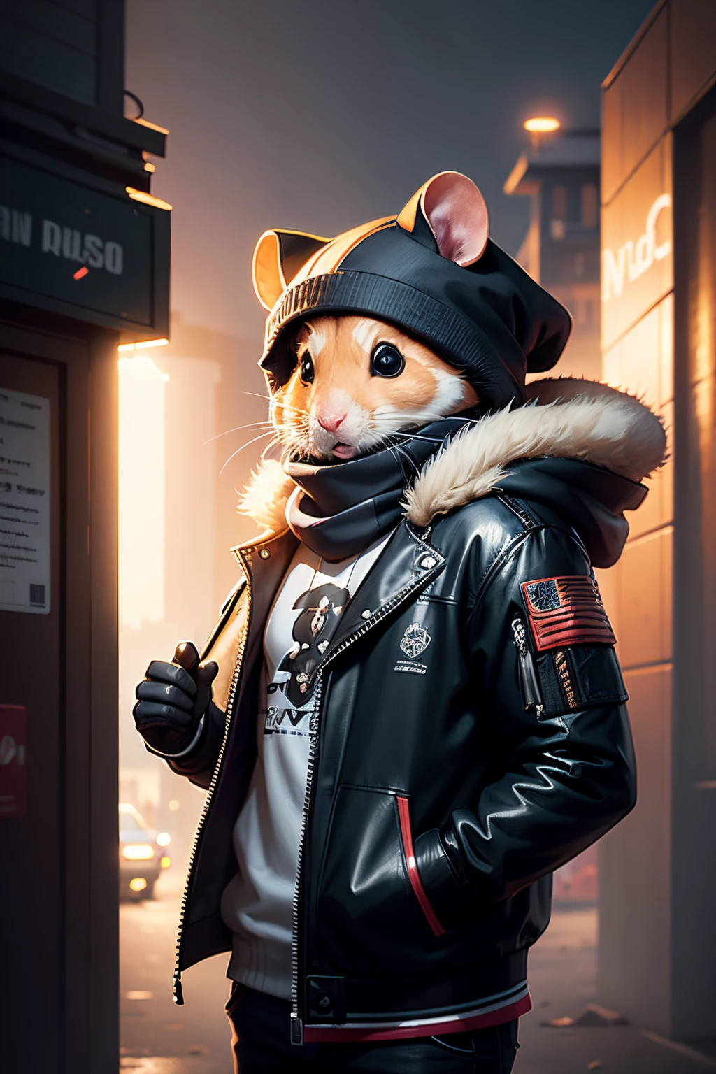 There is a hamster wearing a scarf and jacket, lovely digital painting, Wojtekfors, Cute and detailed digital art, adventure hyper realistic render, inspired by Johannes Helgeson, furry fantasy art, MapleStory Mouse,Cyberpunk art highly realistic concept art, surreal concept art, epic digital art illustration, ultra-realistic realism & D fantasy art, highly detailed digital painting
