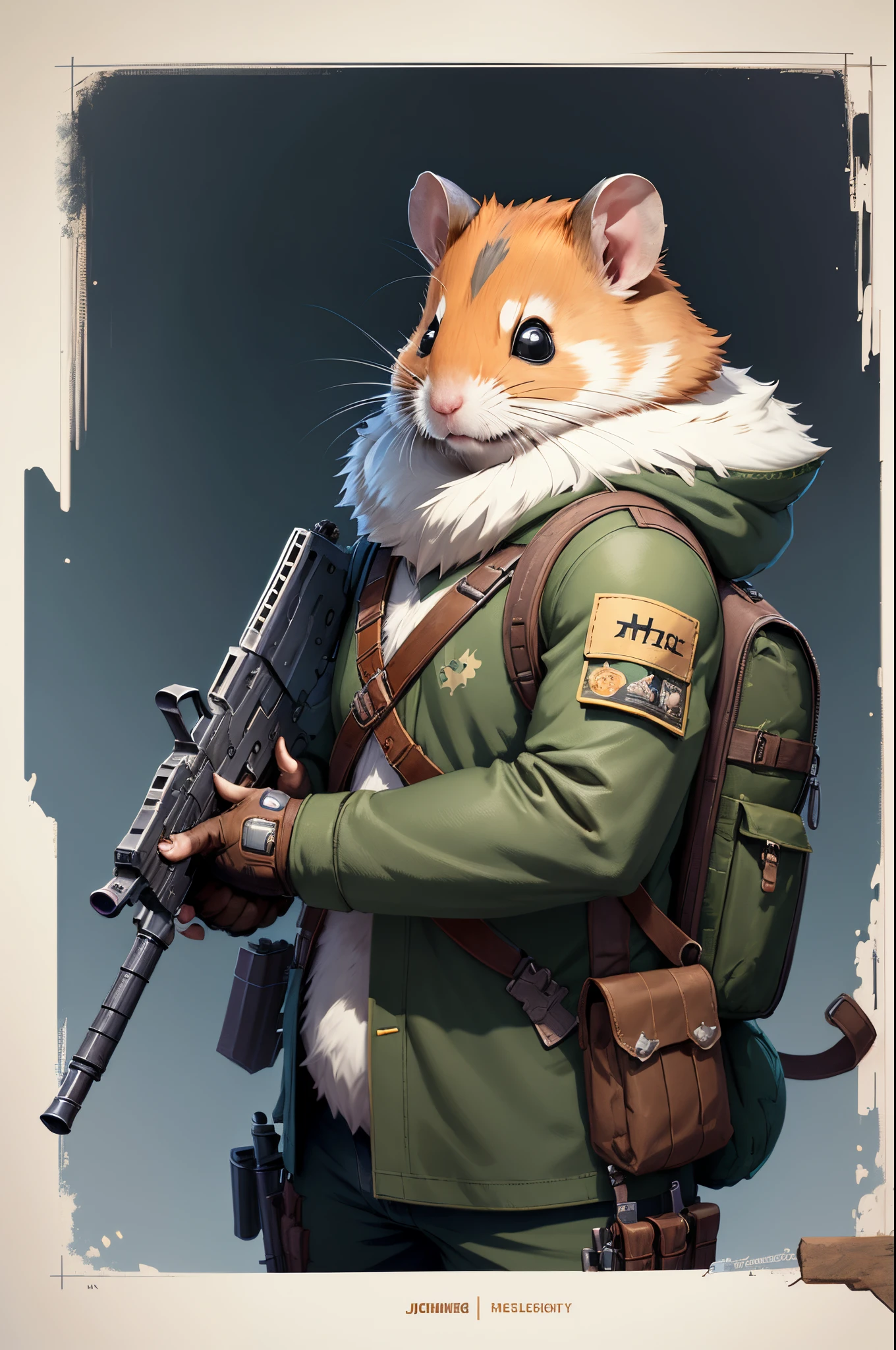 There is a hamster sitting on the backpack, a character portrait inspired by Johannes Helgeson, Hot topics on artstation, furry art, Wojtechfors, hamsters holding rifles, Cute and detailed digital art, furry fantasy art, collectible card art, MapleStory Mouse, lovely digital painting, adventure hyper realistic render, portrait of an adventurer, Trending on artstationhq