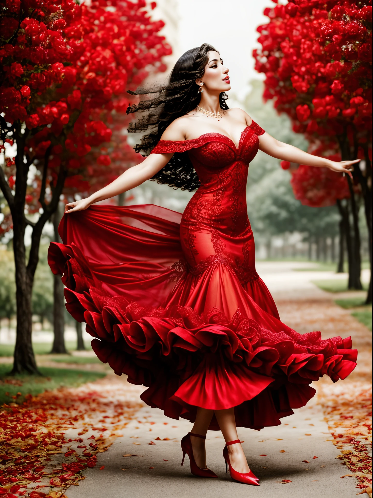 Spanish flamenco dancer, Red Silk satin dress, a red rose in her mouth, raven black hair, large breasts, very sexy, intricate detail, intricate skin, subtle freckles, intricate hair, bokeh, (atmosphere:1.2), (haze:1.3), sunny day, red high heels. dancing in the park, red roses,