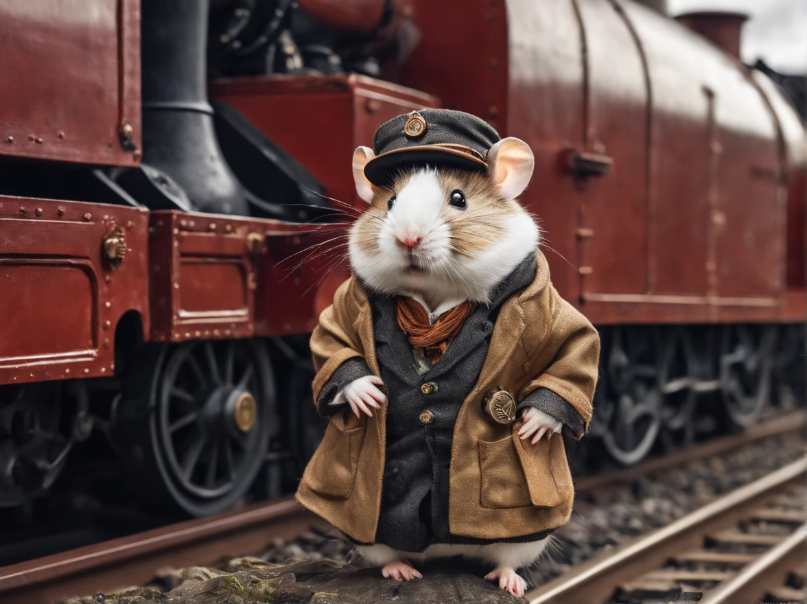 Imagine, like a humanoid (anthropomorphic) hamster in a hat and traveler&#39;s clothes next to a steam locomotive at the station, Hamster - traveler, Hamster with traveler&#39;s travel bag, Anthropomorphic hamster, Hamster goes on a journey, pay special attention to the appearance of the anthropomorphic hamster, hamster wearing traveler&#39;s boots, high definition hamster fur texture, Hi-Def, Best Quality, Highest Resolution, 8K, Feature photo, Photorealistic quality, higly detailed, High depth of field, focus on the whole image, The locomotive and its carriages are clearly visible, in the style of steampunk