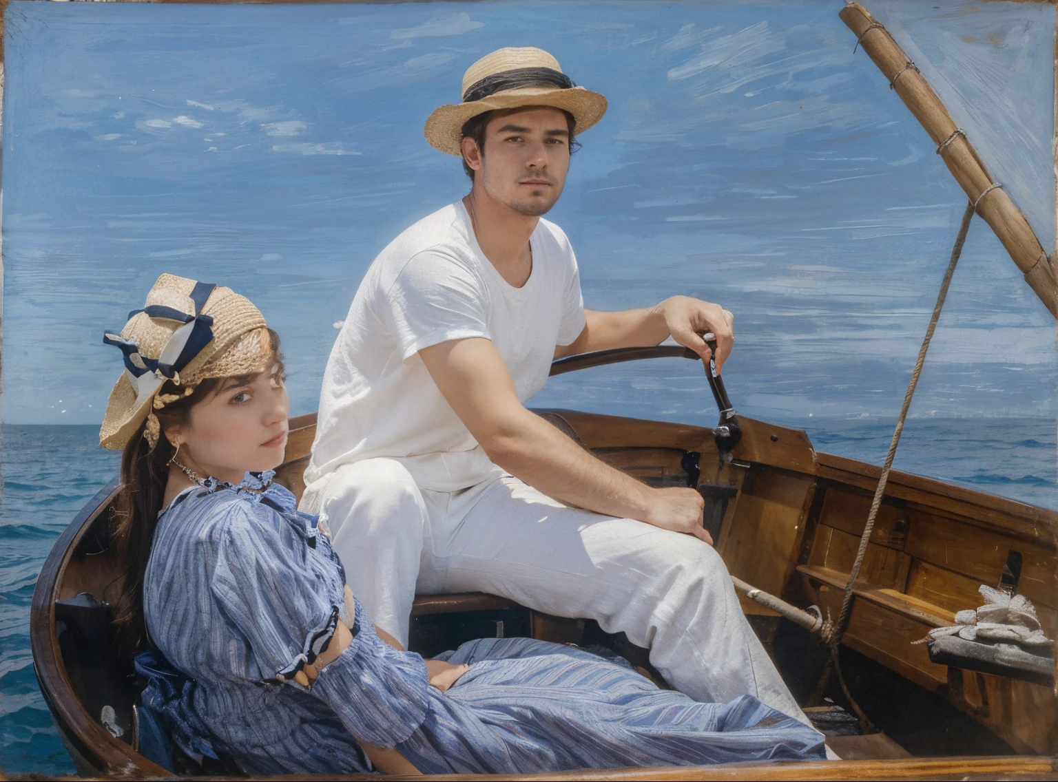 Boat stern, a man and a woman are sitting at the stern, Young man, beutiful, looks at us, in a white T-shirt, white trousers, Straw hat on your head, yellow mustache, one hand rests on the oar, a young beautiful woman sits next to her, in profile, Looking out to sea, dark hair down, There is a hat on his head, blue striped dress, in the style of Edouard Manet, 1874