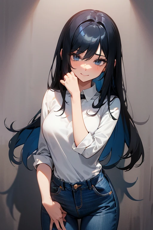 Young adult female; jet black hair with blue fringes; very pretty; toned, slender physique; loves the viewer a lot but is shy to confess her feelings; wearing jeans and a fitted blouse; shy look; adorable smile; nuzzling with the viewer; surreal