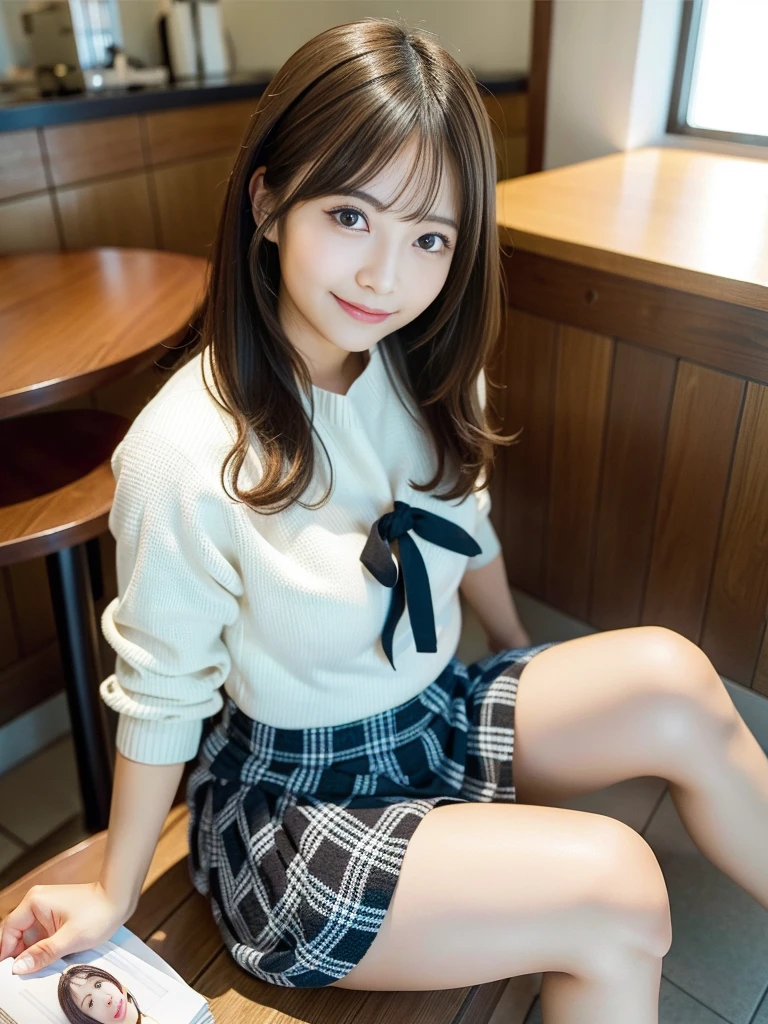 Japan girls in casual clothes、looking at the viewers、Pose with a smile(top-quality、masterpiece)))、hight resolution、ighly detailed、masterpiece、电影灯光、(8K、top-quality、masterpiece:1.2)、(realisitic、Photorealsitic:1.37) Hi-Res、The ultra-detailliert、1womanl 、nogizaka, cute face、35 year old:1.2、 独奏, Textured skin:1.2, beautiful smiling face, Detailed Cafe, natta, 电影灯光、 sitting on、Dating、(Shy smile:1.2)、Medium chest、beautiful finely detailed eyes、(Sweaters:1.1)、natta、from waist up:1.2、shorth hair、(Black and white checked miniskirt)