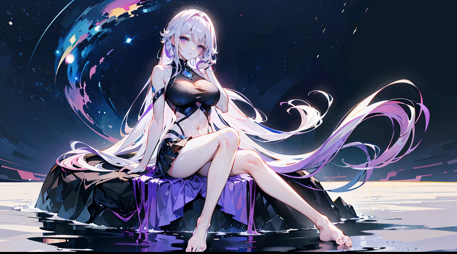 Lilac Gradient Hair,Asymmetrical hair,((Very voluminous hair 1.8,Hair is distinct 1.5)), Hair on the shoulders, hair messy, Very long hair, Shiny hair,(Long hair:1.2),a beauty girl,Gorgeous violet miniskirt,Tall and tall,slenderness,(Looks sad,The face is painted pale,grieves,closes mouth:1.2) Against the background of a dazzling dark starry sky,On the stomach,supporting one's head with one hand,round, Large, firm breasts,Barefoot,afloat,waterface,Dignified,long legged,long legged,Perfect leg shape,full body Esbian
