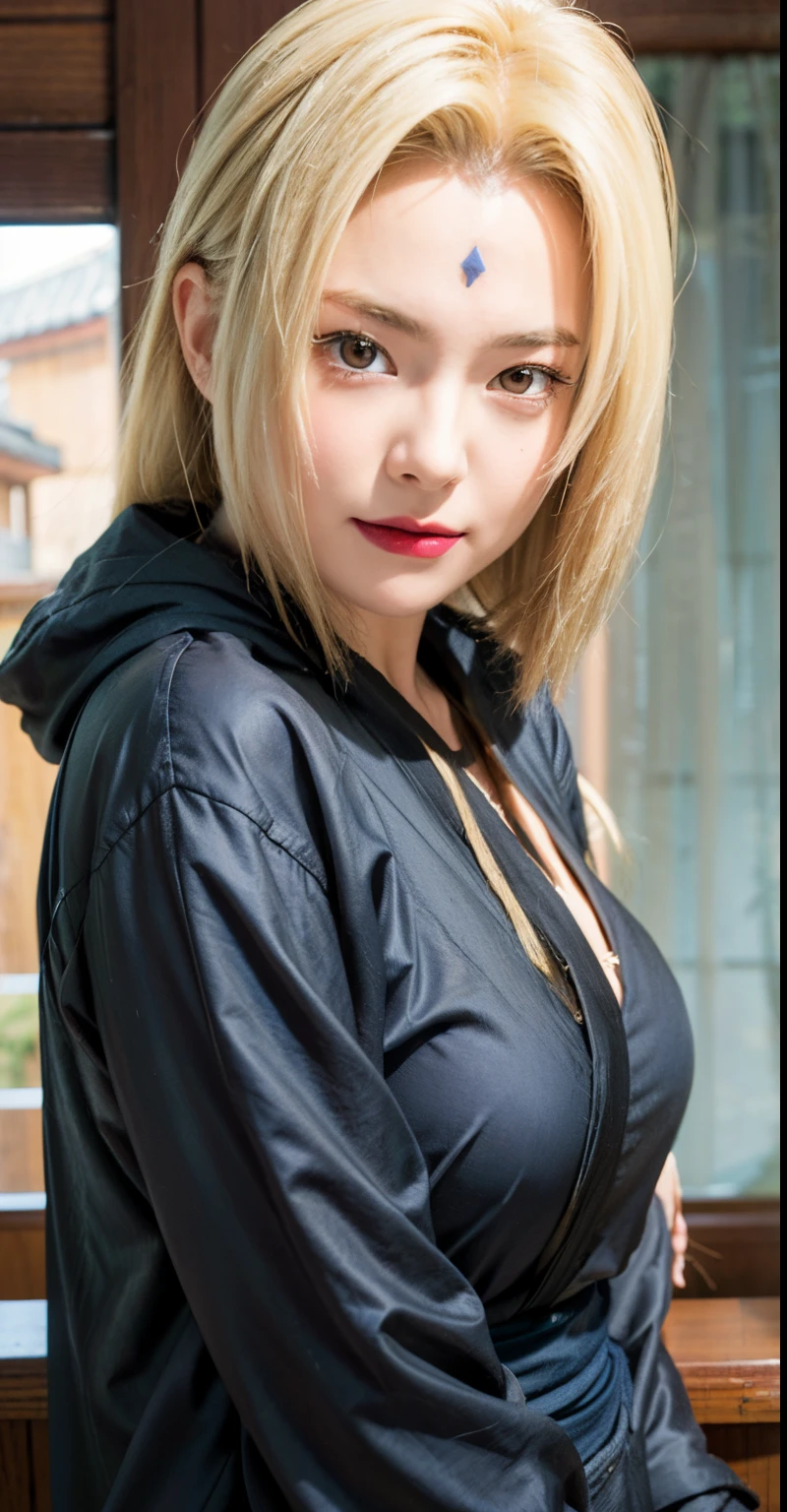(huge tits), cleavage, good anatomy, masterpiece, best quality, 4k, 8k, professional photography, soft light, sharp focus, 1 girl, blonde hair, kimono, (mountai), clouds, blonde hair, parted banks, detailed face+brown eyes, smile, closed lips, lipstick, bookshelves, windows,realistic, Tsunade in anime (Naruto),qualiti detail higt ,HDR photos