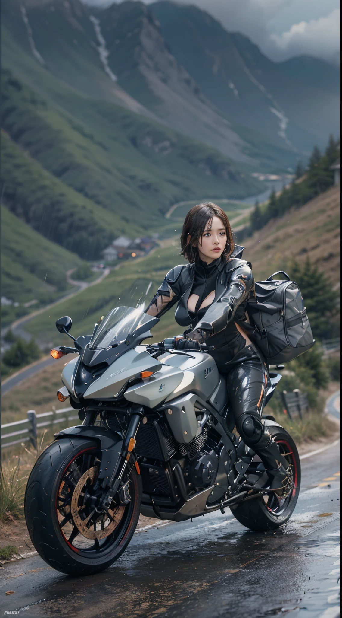 8k, top-quality, （pubic hair beauty）、hight resolution, 逼真, realperson, A beautiful muscular woman is carrying a large amount of luggage with special equipment on her back on a beautiful mountain road in the Alps where it is raining heavily.、((Running on a futuristic motorcycle))、Hurry、He wears tight shorts and a T-shirt that is so short that his stomach is exposed.、(My hair is soaked from the rain)、huge tit、A lot of sweat in the cleavage、Death Stranding、(((Delivering on futuristic motorcycles)))