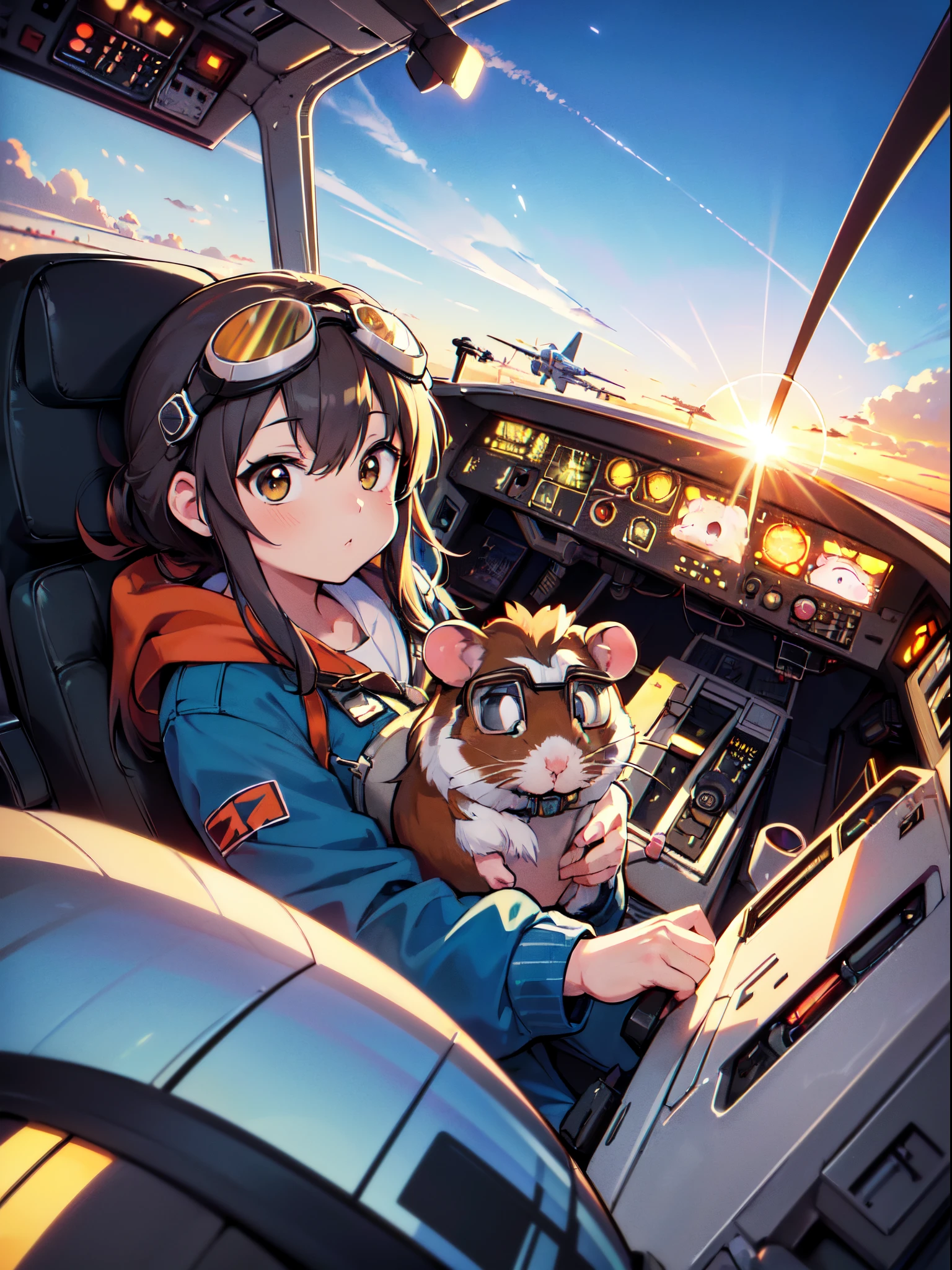 (RAW Photos, Best Quality), (animesque: 1.2), (((one hamster pilot, Hamster personification, head of hamster, wearing goggles))), ((Fly an airplane)), ((View of the cockpit)), Sky background, Sunset, sky line, Soft lighting, High quality, Professional Lighting, Photon mapping, Physically Based Rendering,