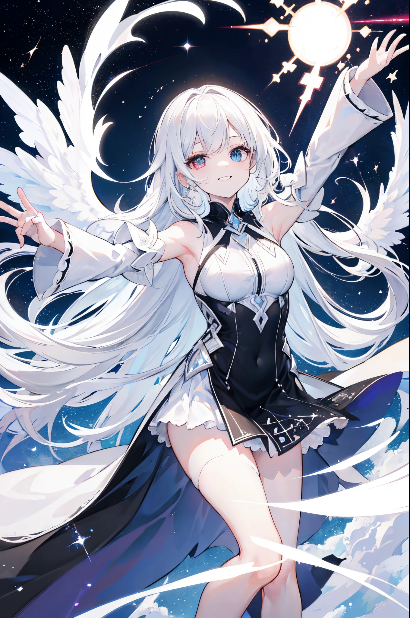 white hair woman, wings of heaven, Heterochromia, The Flash, smiling, look up to, Black and white dress, cosmic background, Raise your arms up, high resolusion, ultra-sharp, 8K, masterpiece