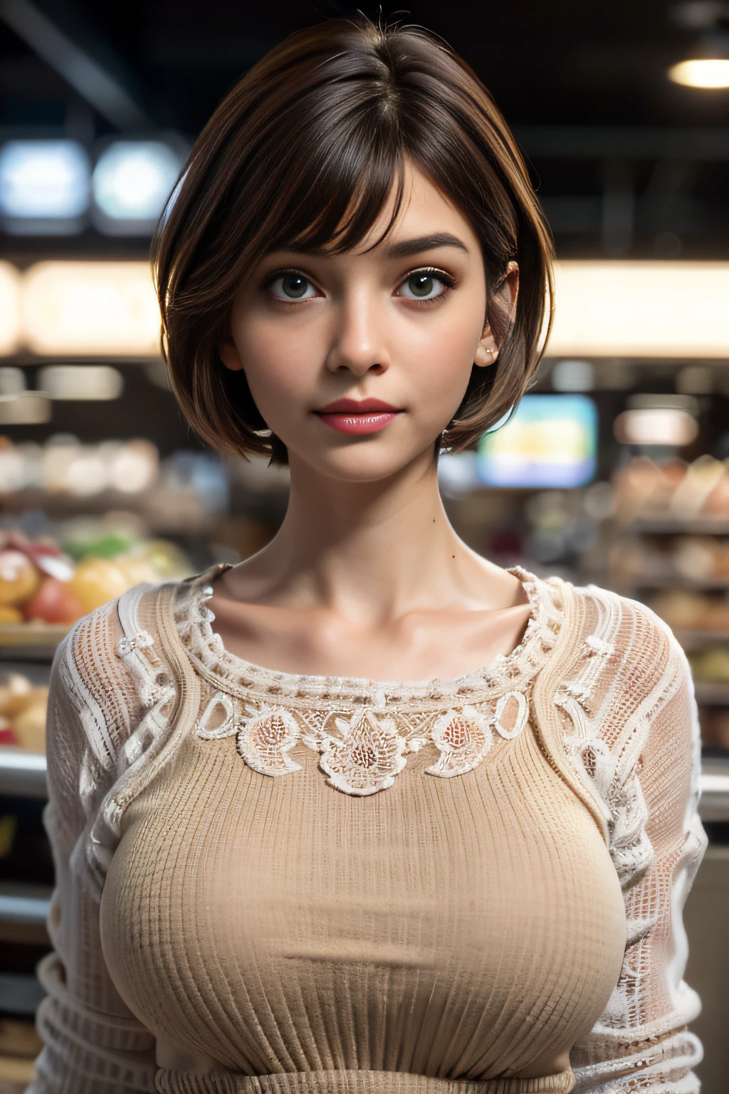 (supermarket:1), afternoon, doctor dressing, light brown fringe short hair, light brown eyes, 1girl, innocent, (photorealistic), (intricate details:1.2),(masterpiece, :1.3),(best quality:1.4), (ultra highres:1.2), ultra high res, (detailed eyes), (detailed facial features), HDR, 8k resolution, (lens flare:0.7), turn around, busy on examine report, face viwer