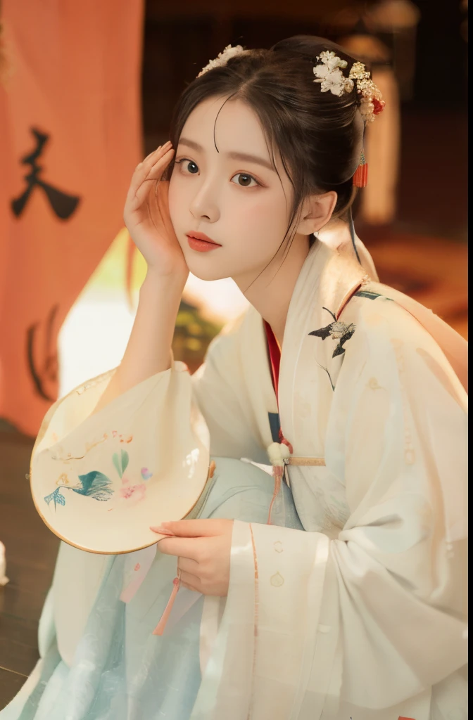There is a woman sitting on the floor with a plate, white hanfu, 宮 , A girl in Hanfu, Hanfu, Match with ancient Chinese costumes, Wearing ancient Chinese clothes, Inspired by Huang Ji, inspired by Gu An, inspired by Jeong Seon, TRADITIONAL CHINESE COSTUMES, Inspired by Qiu Ying, Inspired by Tang Yifen