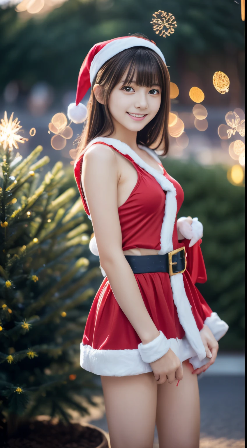 1girl in, (18year old),Japan gravure models, (cute like an idol:1.2), a beauty girl, discreet breasts, Clean facial skin, shyly smile, A sexy, (Cute Santa Claus costume:1.2),full body Esbian、 (Christmas tree with beautiful background, illuminations:1.5), (Dynamic Angle, Dynamic Pose:1.0), BREAK masterpiece, Best Quality, hight resolution, Detailed skin, Detailed, Detailed face and eyes, Hi-Res, Natural lighting, Perfect Anatomy, Physically-based rendering, Photorealistic, symmetric clear eyes, Well-groomed face,Teenage girl, Perfect figure, Transparency,  hposing Gravure Idol,