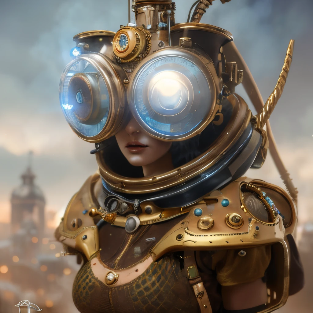 Un train circule entre deux mondes et un Teint clair, femme environ 19 ans, cheveux blancs naturels, yeux verts distinctifs, porter une tenue Steampunk, mince et gracieux, beau, Aux chandelles dans un décor médiéval, Mise au point ultra nette, tir réaliste, vêtements féminins médiévaux, couleurs tétradiques (Cicatrice:1.4)
