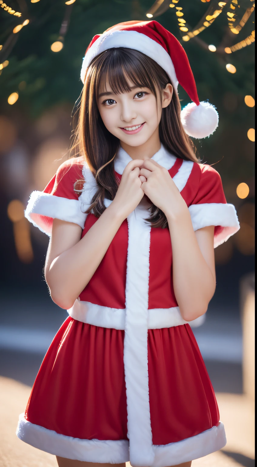 1girl in, (18year old),Japan gravure models, (cute like an idol:1.2), a beauty girl, discreet breasts, Clean facial skin, shyly smile, A sexy, (Cute Santa Claus costume:1.2),full body Esbian、 (Christmas tree with beautiful background, illuminations:1.5), (Dynamic Angle, Dynamic Pose:1.0), BREAK masterpiece, Best Quality, hight resolution, Detailed skin, Detailed, Detailed face and eyes, Hi-Res, Natural lighting, Perfect Anatomy, Physically-based rendering, Photorealistic, symmetric clear eyes, Well-groomed face,Teenage girl, Perfect figure, Transparency,  hposing Gravure Idol,