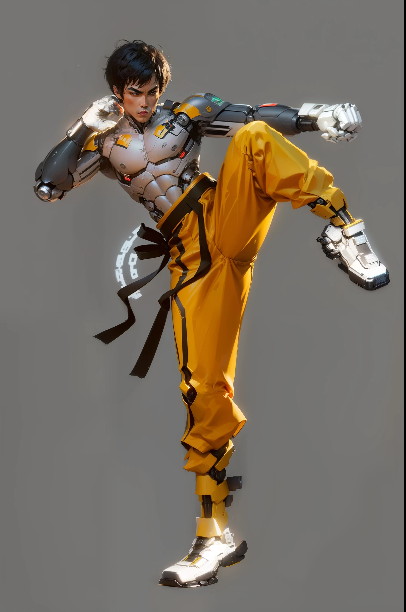 inner plane, ((A futuristic looking Bruce Lee chrome robot man)) Wear one (((Technology suit metal))), humanoid robots, ((Tactical gloves iron gray)), Mechanical neck, hyper HD, Anatomically correct, Best quality at best, The main part，baggy yellow pants，Bruce Lee，Martial artist，cyber punk personage