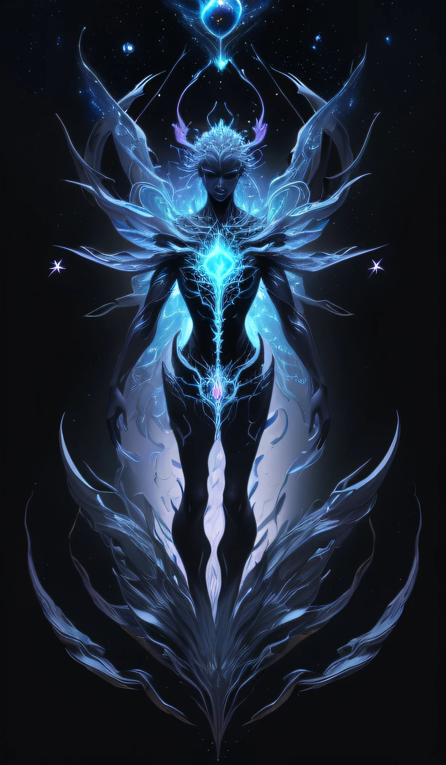 a close up of a person standing in front of a black background, cosmic horror concept art, no plano astral ) ) ), astral ethereal, astral projection, astral appearance, cosmic horror entity, ghostly form, silhueta humana fractal, cartaz de figura completa, quality astral projection rendering, plano astral, silhueta humana cristalizada, brilho humano, Viagem Astral, Estrelas