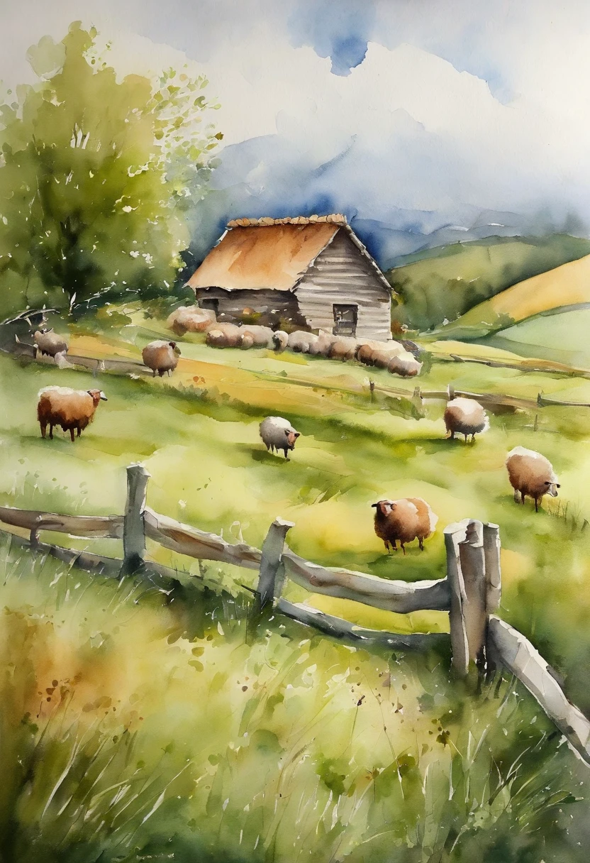 There is a wooden house in the countryside,There is a large piece of grass in front,And there are many sheep eating green grass,Sheep fenced,while the shepherd watched from outside the fence