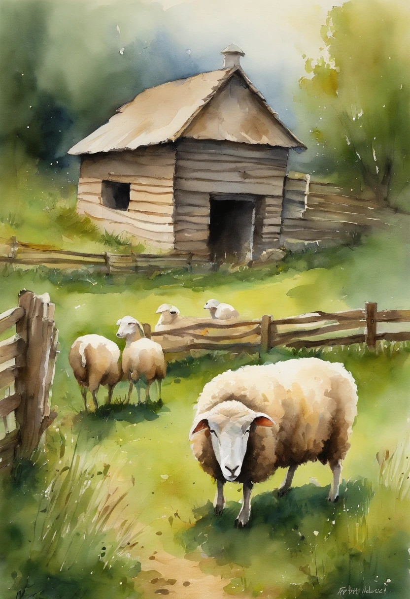 There is a wooden house in the countryside,There is a large piece of grass in front,And there are many sheep eating green grass,Sheep fenced,while the shepherd watched from outside the fence