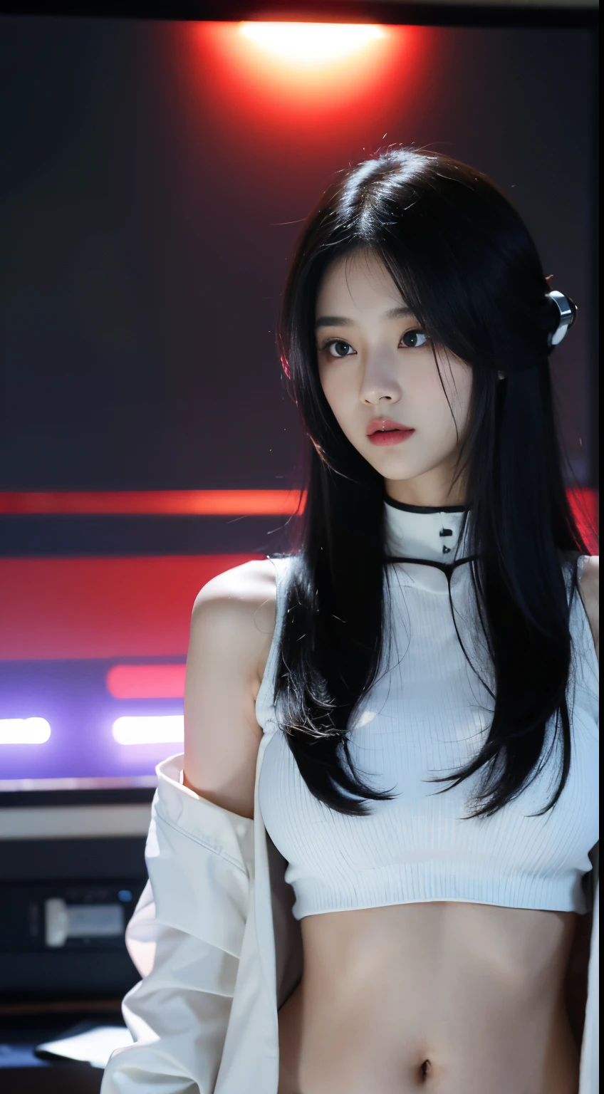 ChineseGirl,20yr old,researcher,Bust photo,Loose long hair,black color hair,red eyes,A plump chest,Open white coat,underdressing,Shoulders exposed,Open navel,scholar clothing,joint armor,Keep your mouth shut,elegant and charming,Calm and serious,heroic look,Futuristic fantasy,Lab Room,Machinary,Futuristic tech style,cyber punk perssonage,hyper realisitc,8K