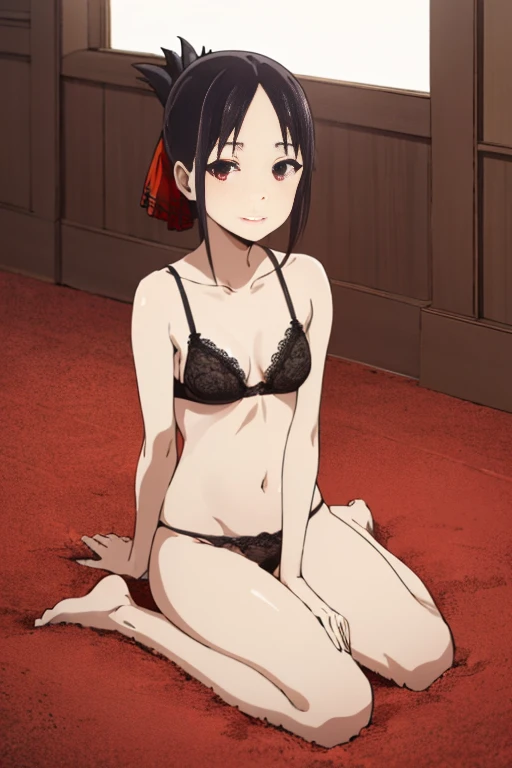 ((full body)), best quality, (masterpiece:1.2), detailed,
shinomiya kaguya,
1girl, solo, closed mouth, light smile, ((medium breasts)), ((black lace bra)), ((black lace panties)),
black hair, red eyes, short hair, folded ponytail, hair ribbon, red ribbon,
((sitting on floor)), bathroom background, ((show feets)), ((fets in first plan)), looking at the viewer, medium breasts,