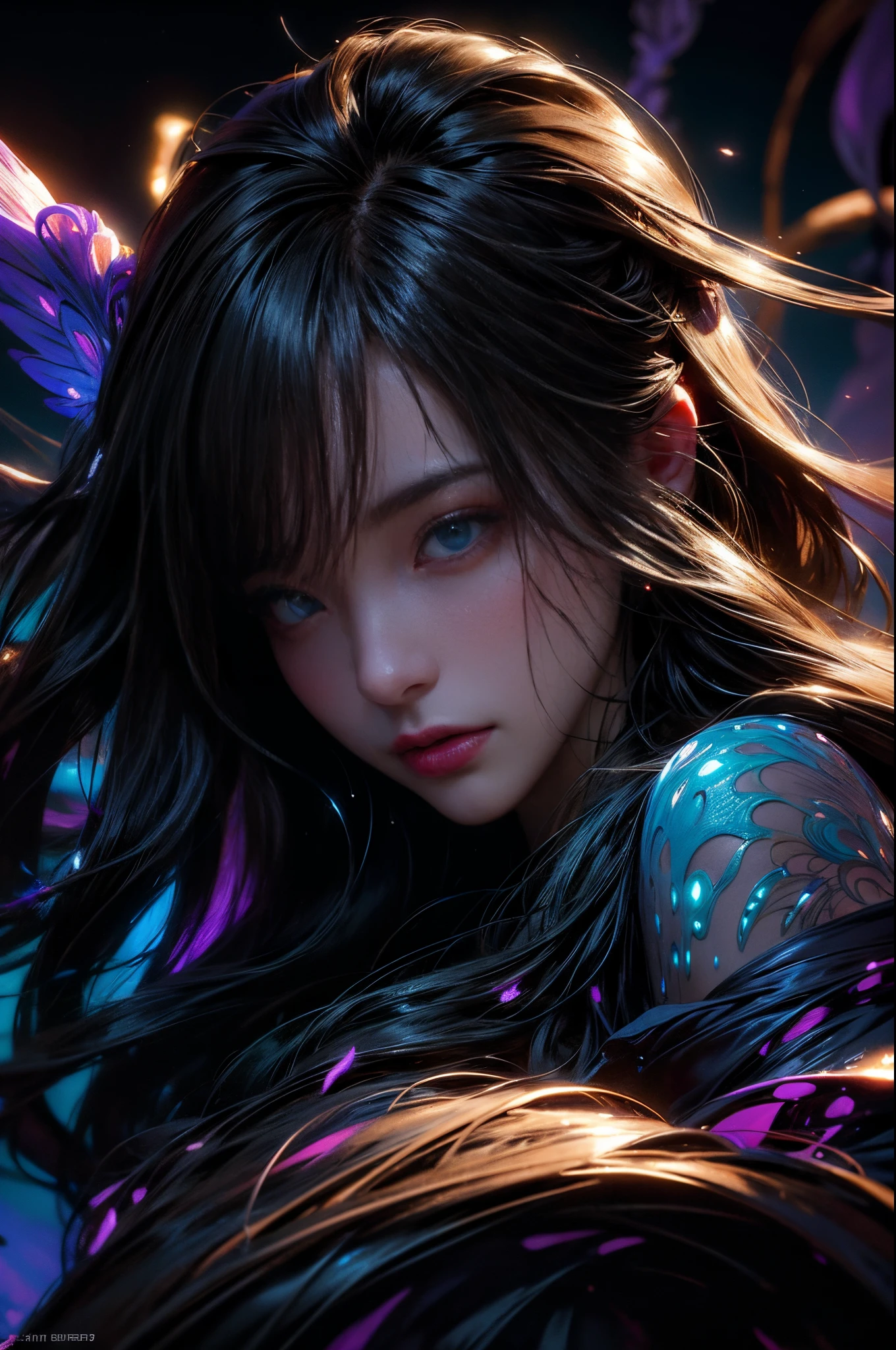 Best quality,ultra - detailed,realistically,(Black light art:1.9),(Dark atmosphere),neon colored,Fluorescent paint,glowing effect,Glowing highlights,Abstract shapes,ethereal characters,Charming Patterns,short-lived beauty,mysterious glow,Bold contrasts,vibrant with colors,light surprise,flickering shadow,transcendent experience,Immersive environments,luminous masterpiece,Fantastical Atmosphere,Hidden details,Spark the imagination,surreal dimension,dynamic combination,Emotional energy,elusive texture,dreamlike scenes,fluid movement,Lost in the darkness,harmonious chaos,Uncovering Secrets,subtle brilliance,luminous creation,Vibrant expression,illuminated dreams,Night charm,Artis'Vision Exhibition,heavenly revelation,Color explosion