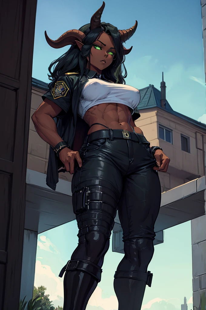 (Masterpiece) (High Detail) (High Res) (Black Skin) Looking from below A young teenage black humanoid girl with dark skin and ebony flesh and green eyes and short black hair and goat ears and short dark goat horns and a toned teen body and average to small breasts dressed in a police uniform with a shirt and pants dressed like an officer of the law