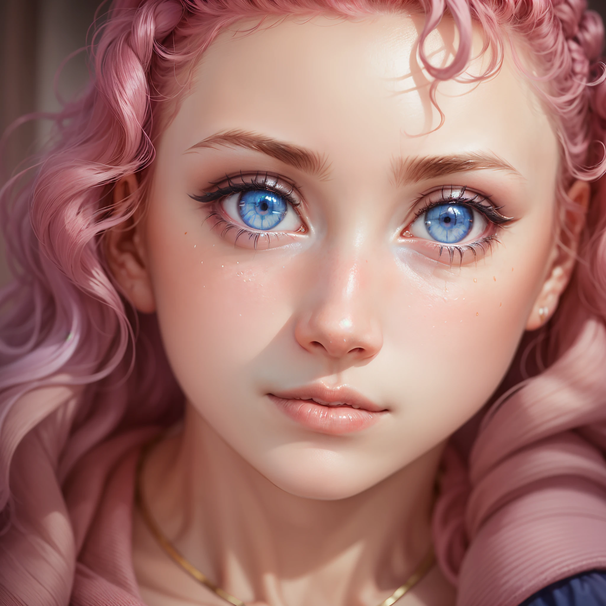 beautiful girl with pink curls, blue eyes, close-up, museum apartment in the background, lots of details, dim light --auto --s2