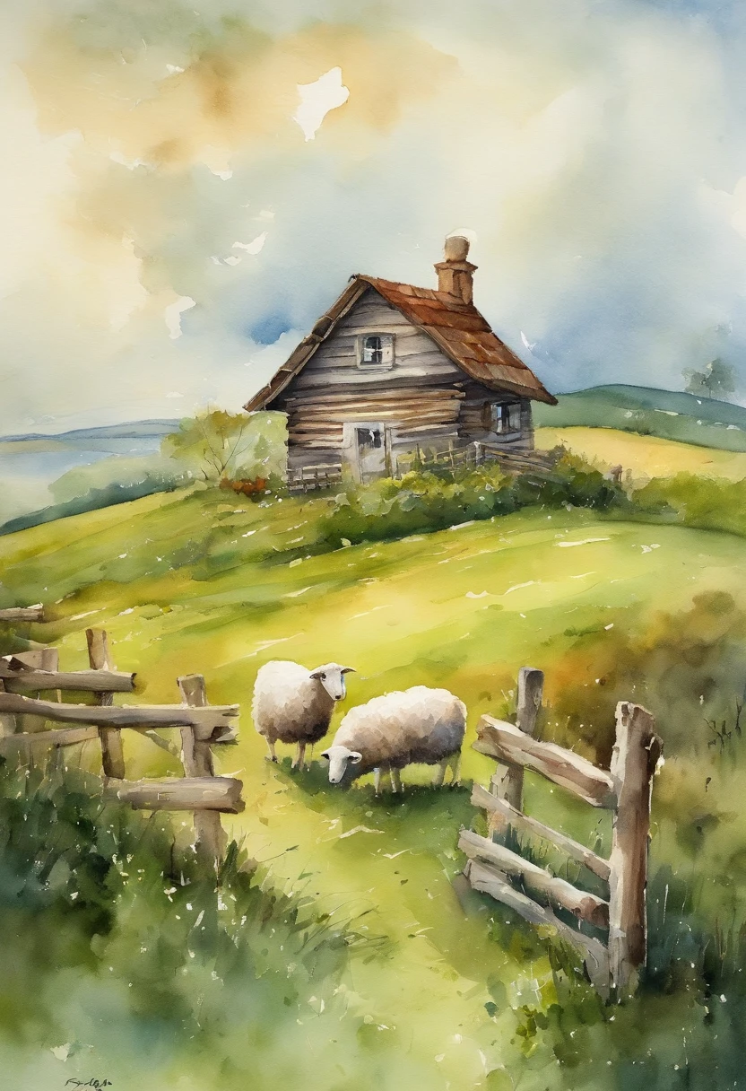 There is a wooden house in the countryside，There is a large piece of grass in front，There are many sheep eating green grass，Sheep are fenced，A shepherd watching from outside the fence。A huge cruise ship appears in the sky