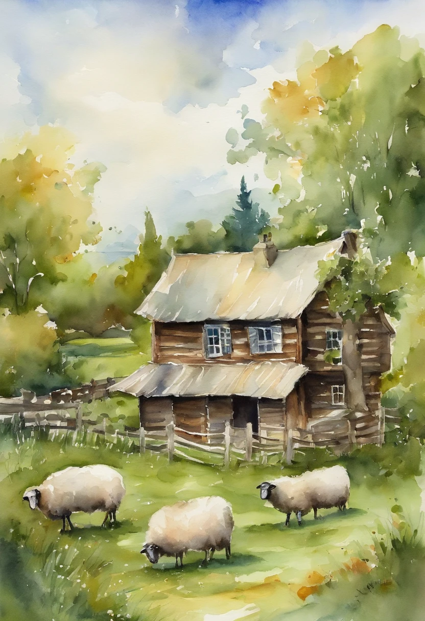There is a wooden house in the countryside，There is a large piece of grass in front，There are many sheep eating green grass，Sheep are fenced，A shepherd watching from outside the fence。A huge cruise ship appears in the sky