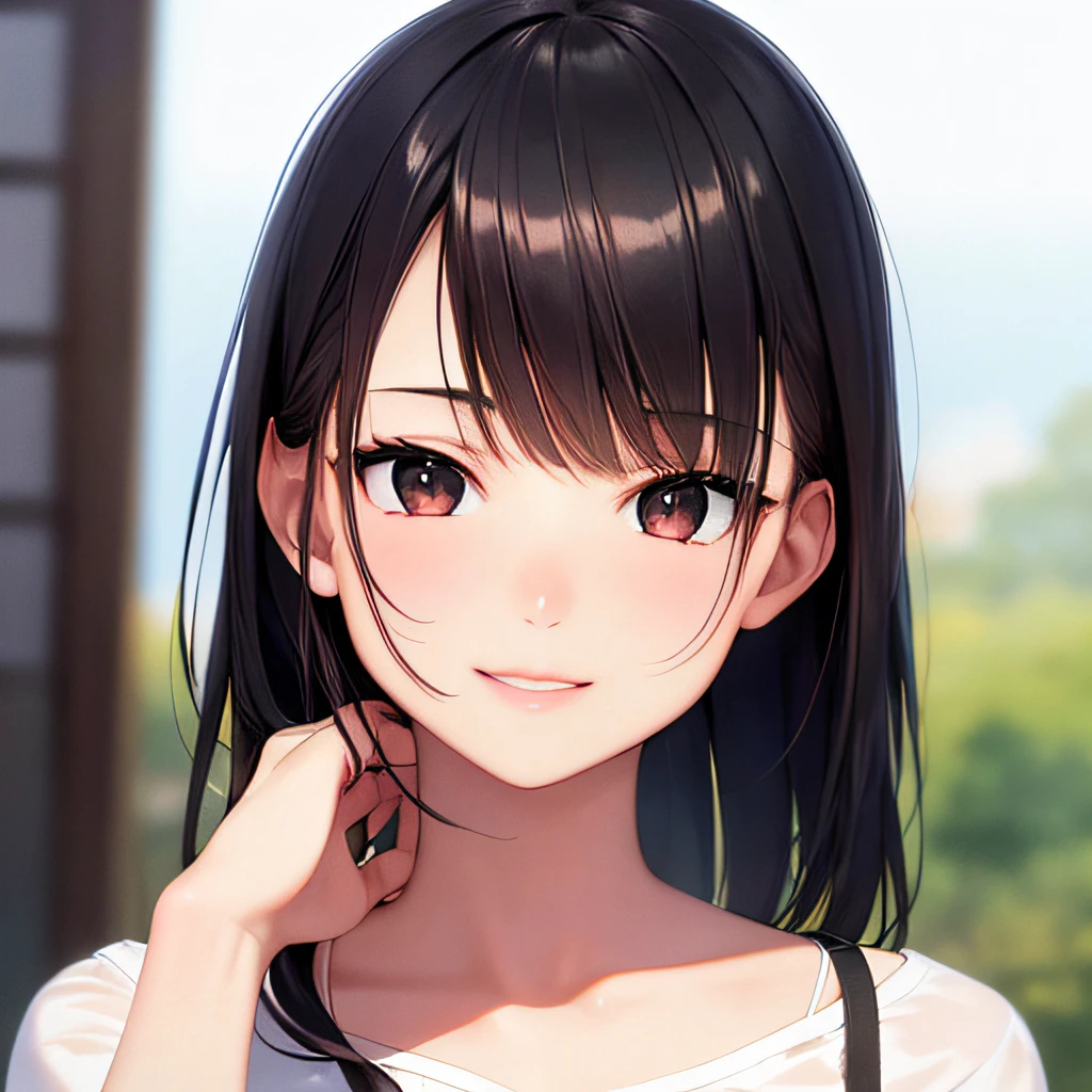 photographrealistic, (masutepiece,Best Quality:1.4),(8K,Raw photo,photographrealistic:1.2), Detailed skin,Detailed face,1girl in,Japanese Idol,Cute face, Black hair,slender, shiny eyes, Smile,  BREAK (Side view:0.6), Cute clothes