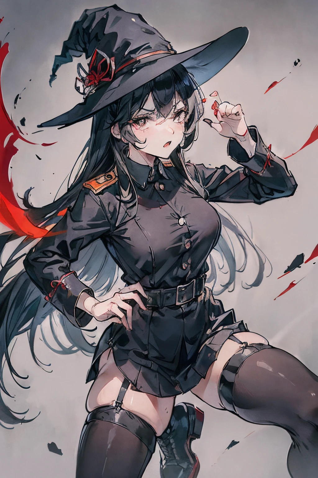 beautiful prison guard，uniform，Prison background，Sexy Wear，anger expression，nsfw，Witch hat，Hosiery，Fighting posture