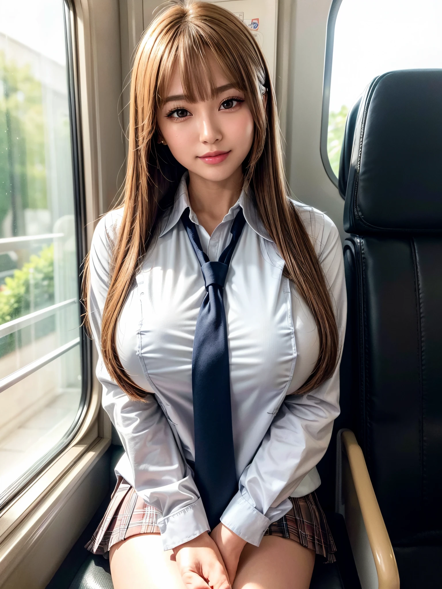 8k, RAW photos, ((Very cute slender all-fed Asian schoolgirl in short skirt and bow tie sitting on a crowded train)), (Big: 1.1, Saggy breasts: 1.1)), ((White open button long shirt)), (Low angle shot), (High definition skin: 1.2), (Exposure: 1.5), (Exposed breasts: 1.5), (Exposed crotch: 1.5), ( Japan school uniform), (Japan uniform), (wearing Japan uniform), (surreal schoolgirl), (schoolgirl dress, surreal schoolgirl), wearing uniform, realistic schoolgirl, girl in uniform, schoolgirl posing in uniform, full body, nice skin, glowing skin, nice thighs, shining thighs, shining legs, (beautiful brown eyes, brown hair, white skin, huge soft breasts and beautiful abs, Beautiful girl with pubic hair), ((on a crowded train)).