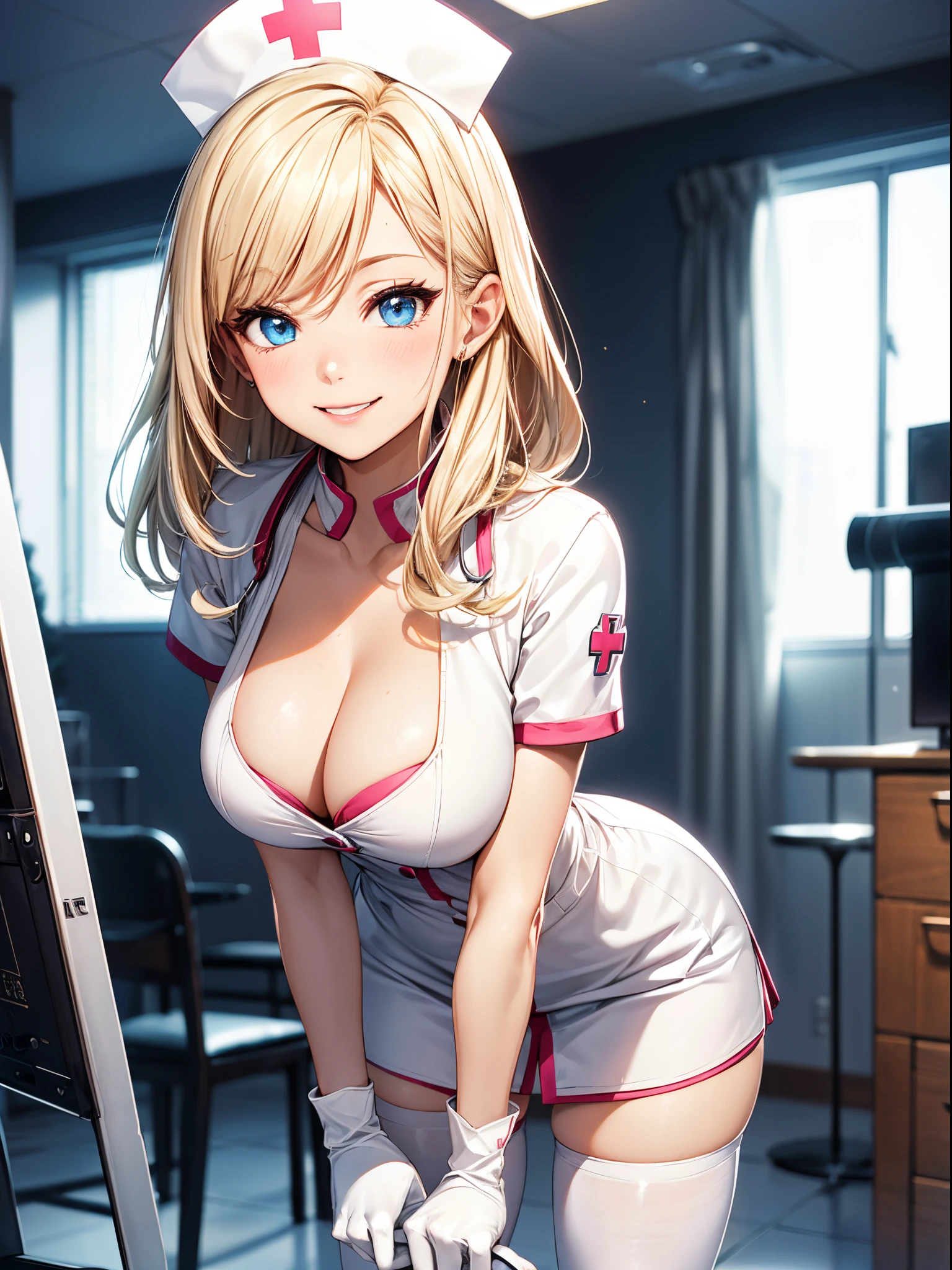 1womanl, Nurse, Nurse Cap, Whiteware, ((White legwear, zettai ryouiki)), White Gloves, cleavage, large brests, Blonde hair, Blue eyes, pink lipsticks, Smile, Standing, sharp outline, Short sleeves, a matural female, 25 year old, Best Quality, masutepiece, infirmary